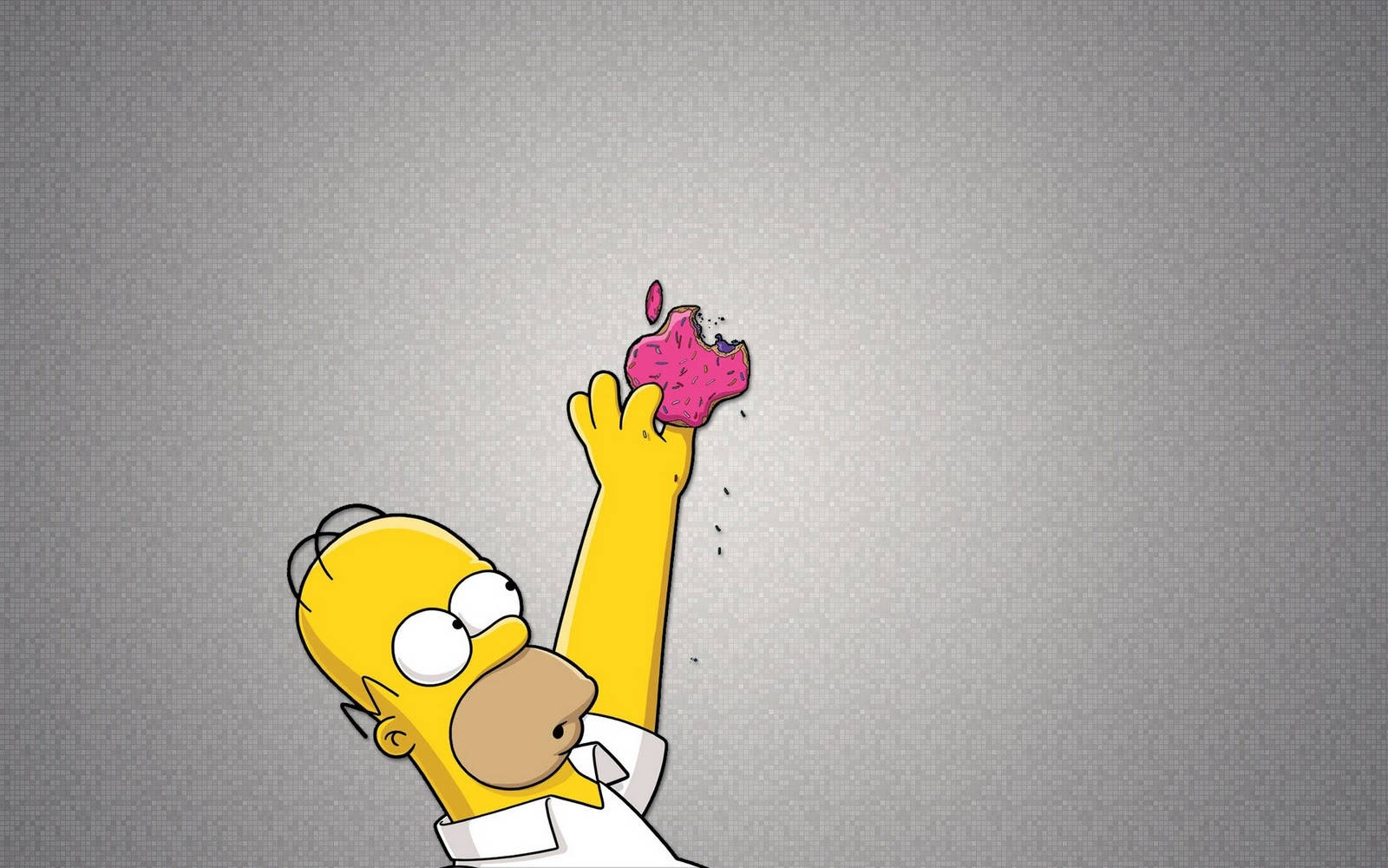 Homer Simpson 桌布 壁紙 — 荷馬·辛普森愉快地舉起一個粉紅色糖霜甜甜圈，背景是帶紋理的灰色。