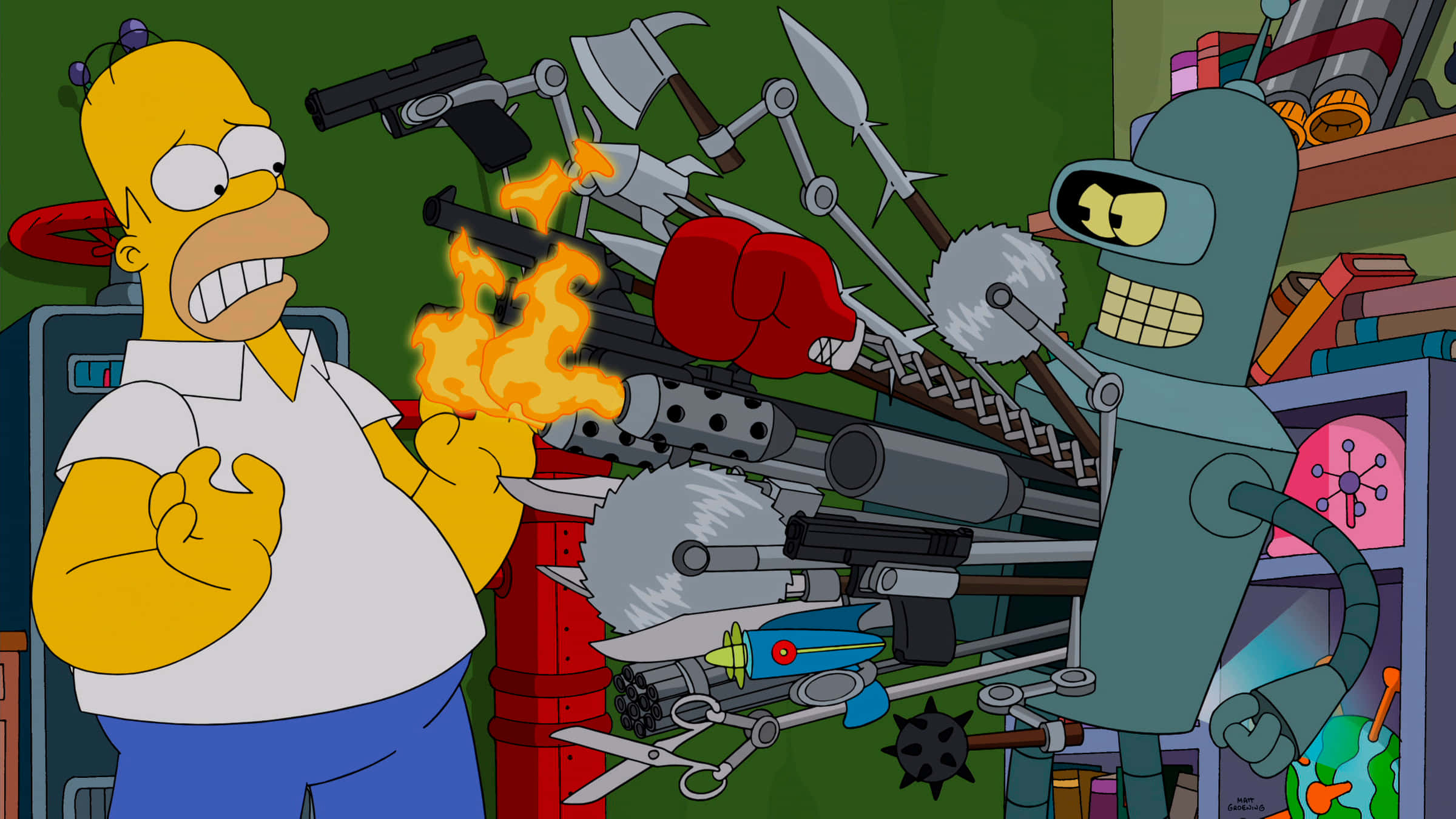 Futurama 桌布 壁紙 — 荷馬·辛普森憤怒地手持火焰武器，面對一個被混亂武器包圍的機器人，身處雜亂的工作室。