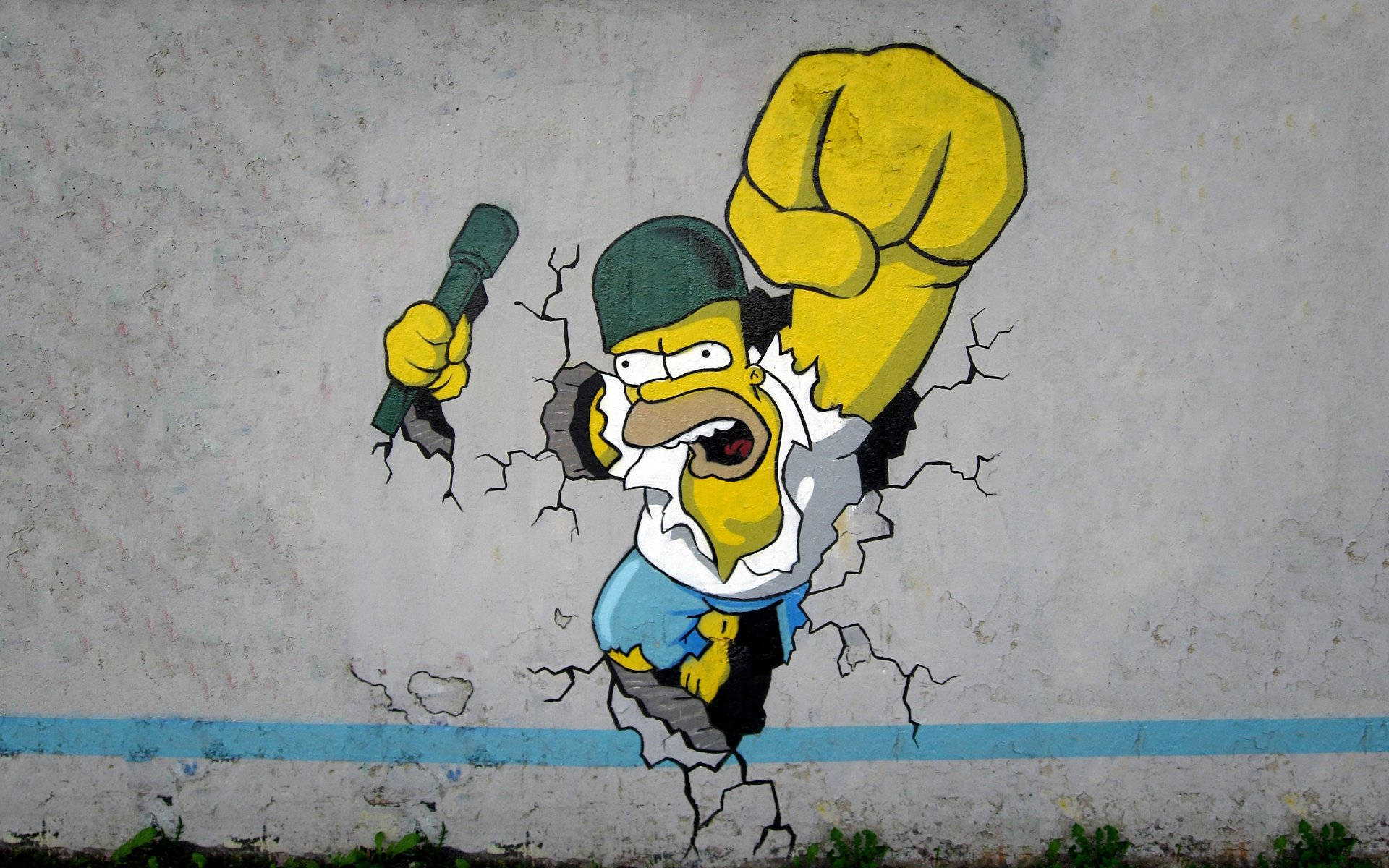homer 桌布 壁紙 — 荷馬·辛普森憤怒地拿著麥克風，從裂開的混凝土牆中衝出。
