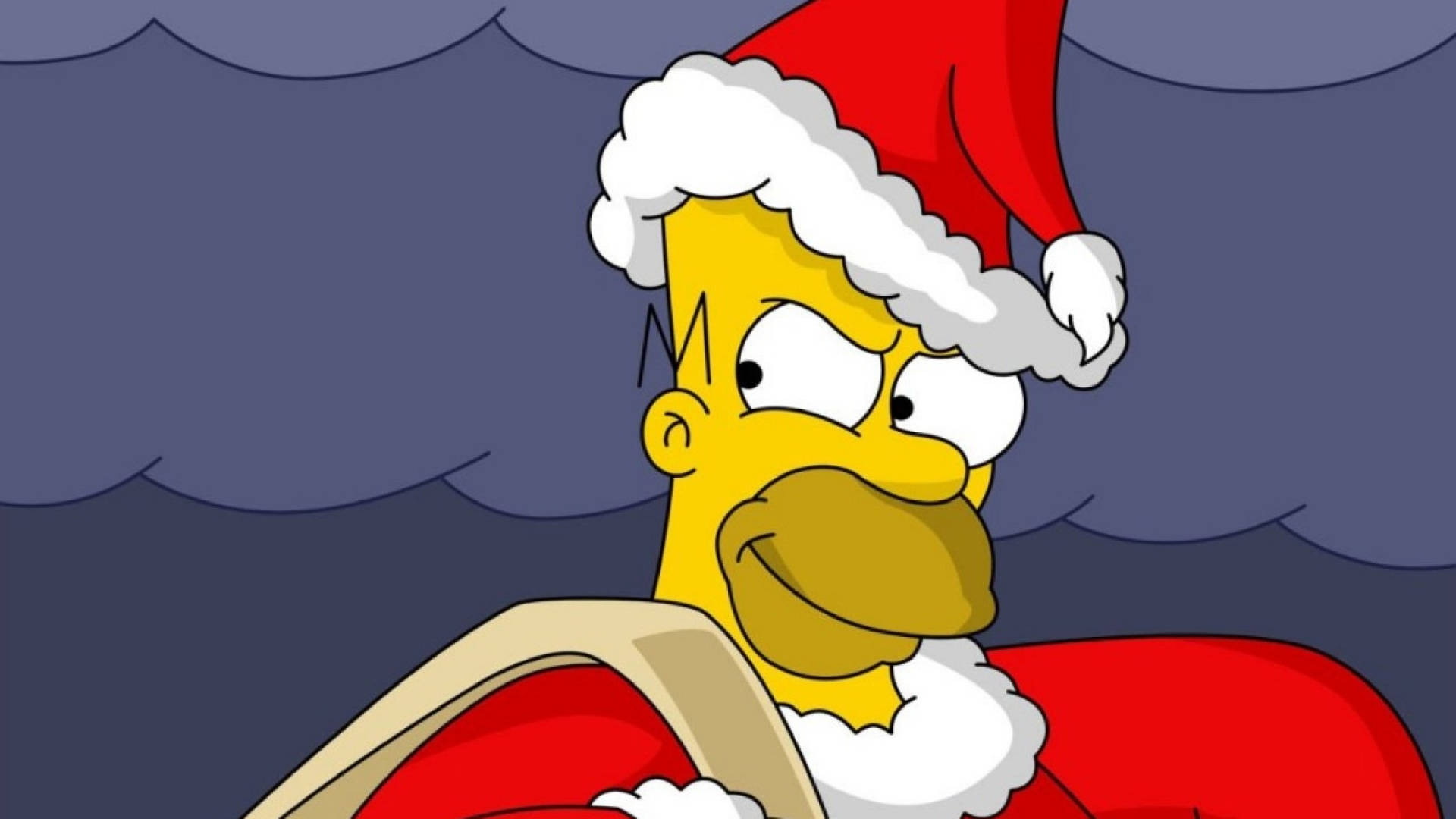 homer 桌布 壁紙 — 荷馬·辛普森戴著紅色聖誕帽和穿著聖誕老人套裝，在陰暗多雲的天空下露出不高興的表情。