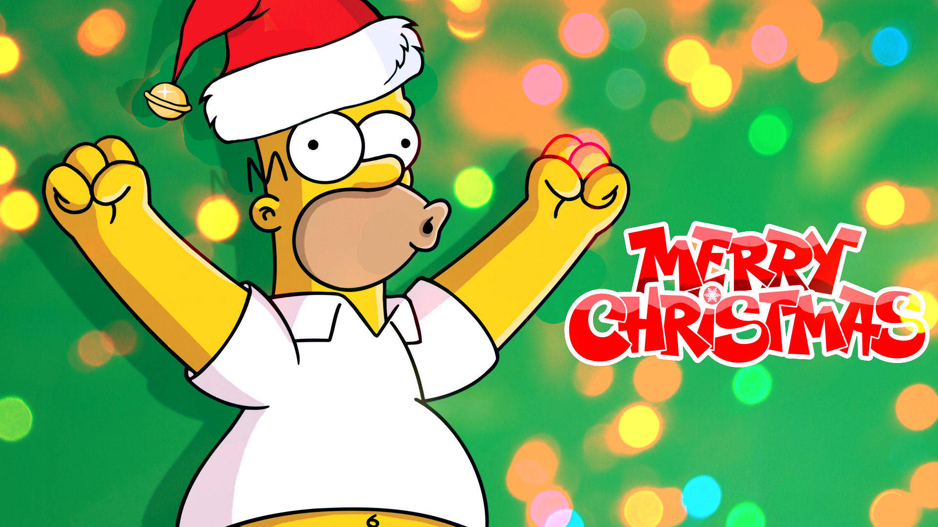 homer 桌布 壁紙 — 荷馬·辛普森戴著聖誕帽，在節日綠色散景背景前舉起拳頭慶祝，並帶有'聖誕快樂'文字。