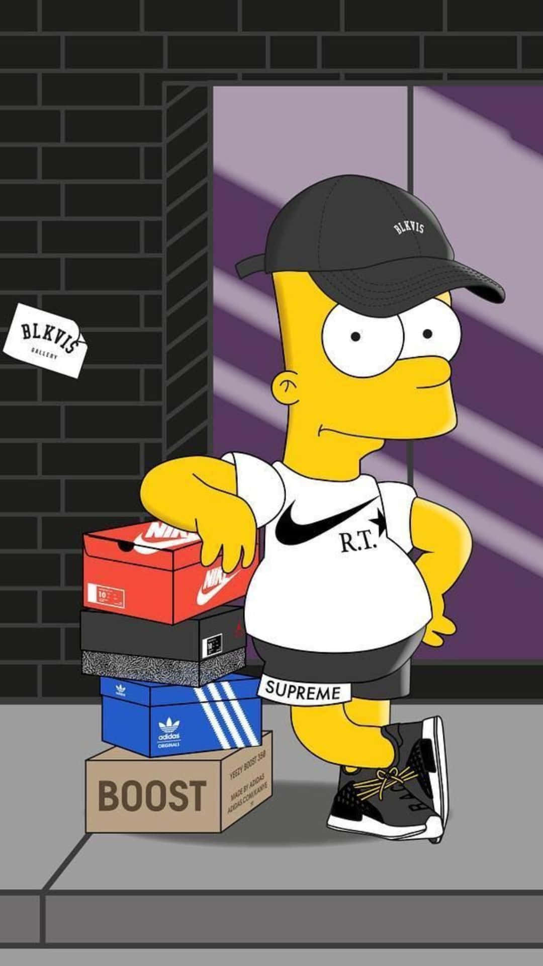 Bart Simpson Aesthetic 桌布 壁紙 — 荷馬·辛普森戴著黑色鴨舌帽、身穿品牌服裝，站在磚牆旁，旁邊是一堆色彩繽紛的運動鞋盒。