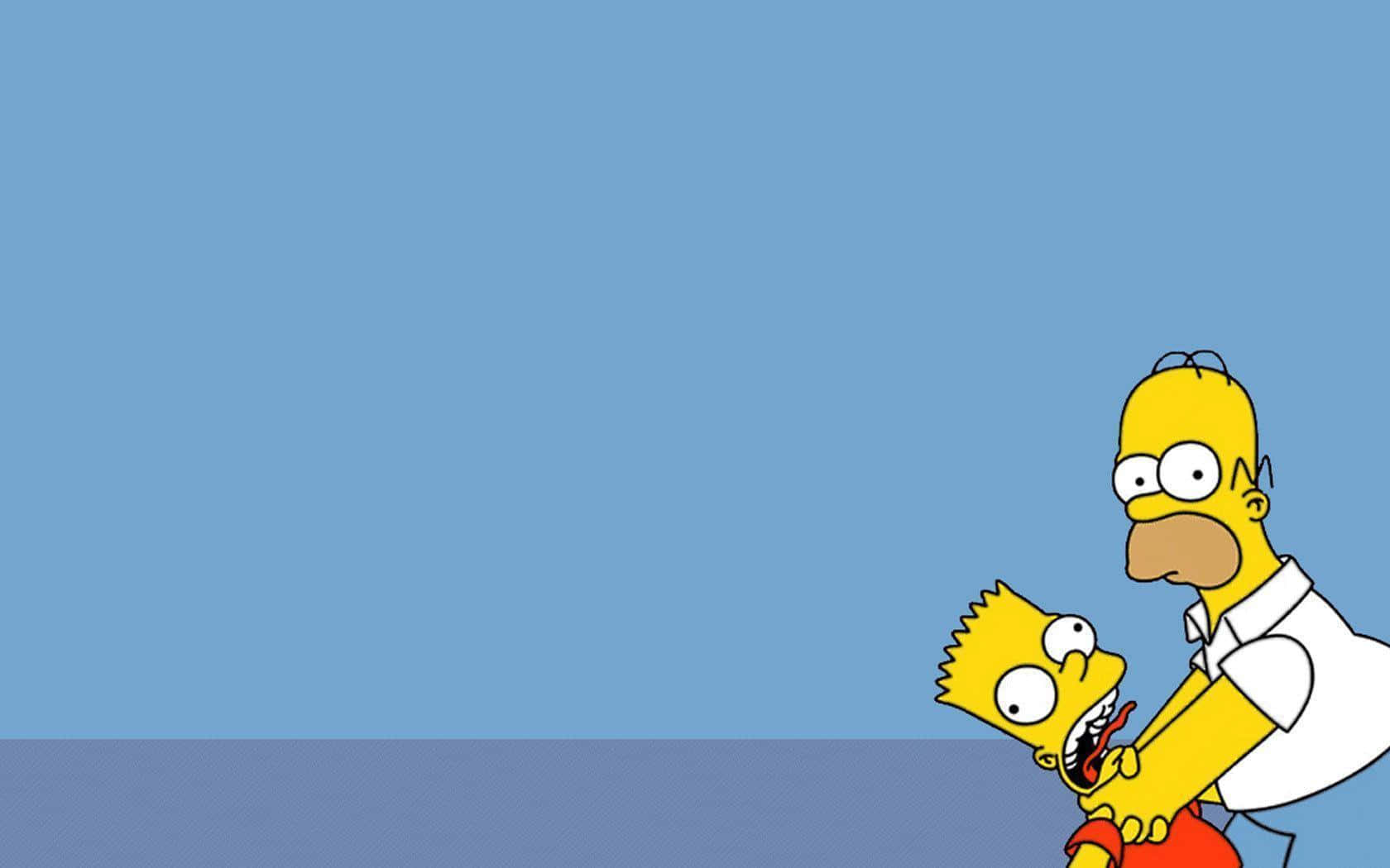 Simpsons Aesthetic 桌布 壁紙 — 荷馬·辛普森抓住巴特·辛普森的脖子，背景為純藍色，以經典卡通風格呈現。