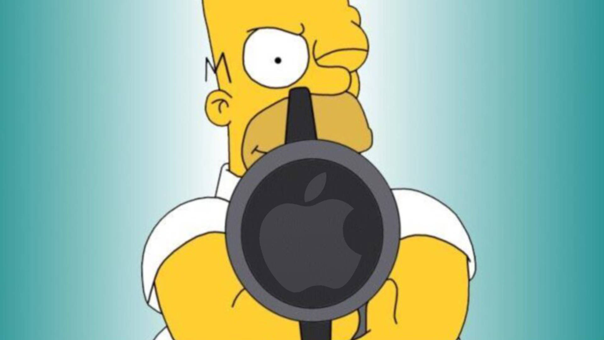 homer 桌布 壁紙 — 荷馬·辛普森拿著一個帶有蘋果標誌作為目標的煎鍋，背景是藍綠色漸變。