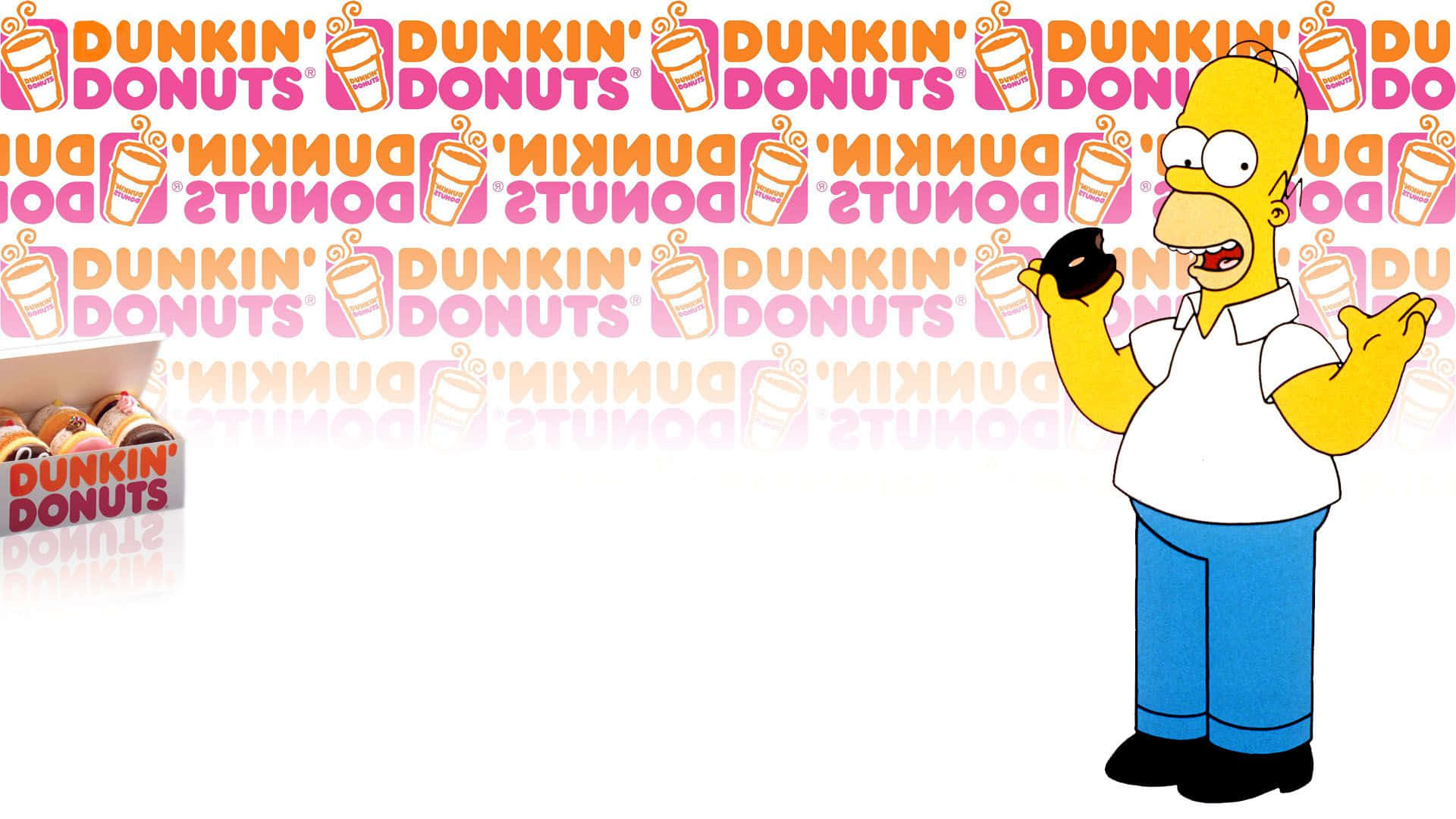 Dunkin Donuts 桌布 壁紙 — 荷馬·辛普森拿著一個甜甜圈，背景是重複的Dunkin' Donuts標誌壁紙。