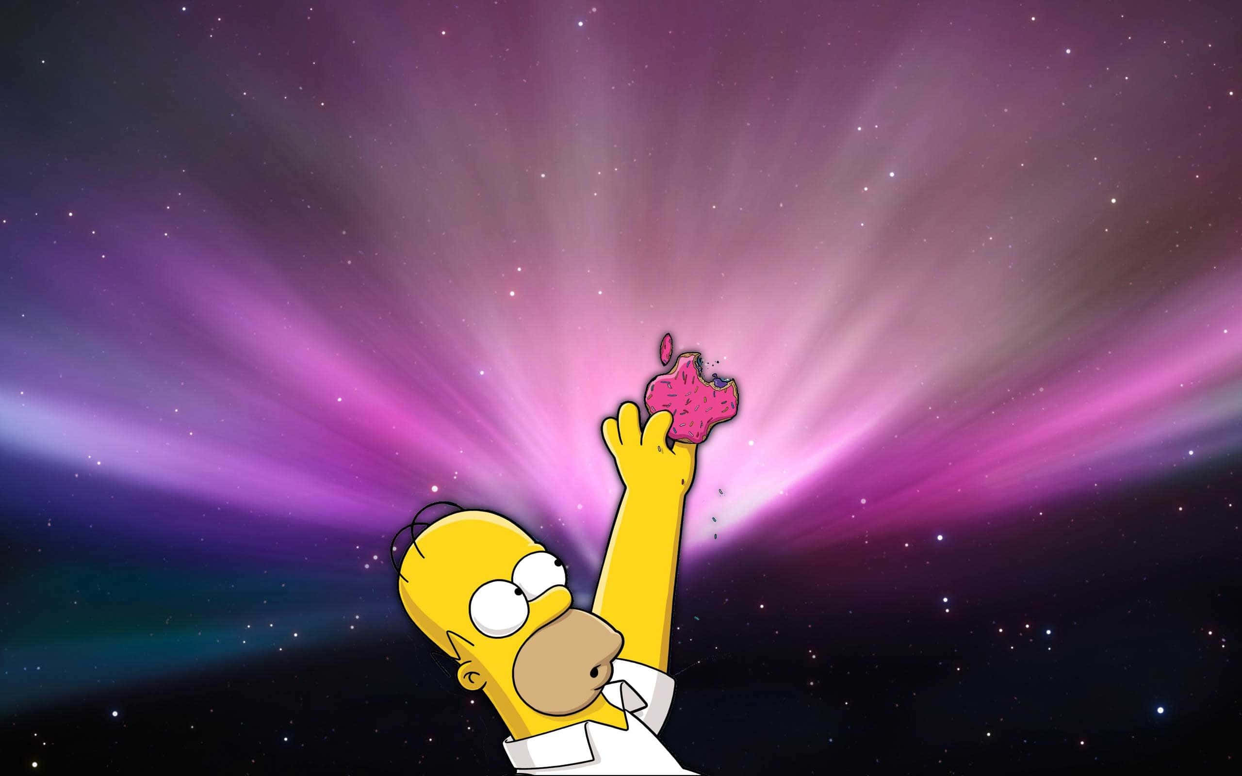 Homer Simpson 桌布 壁紙 — 荷馬·辛普森拿著一個被咬過的粉紅色蘋果，背景是充滿星爆的鮮豔紫色宇宙。