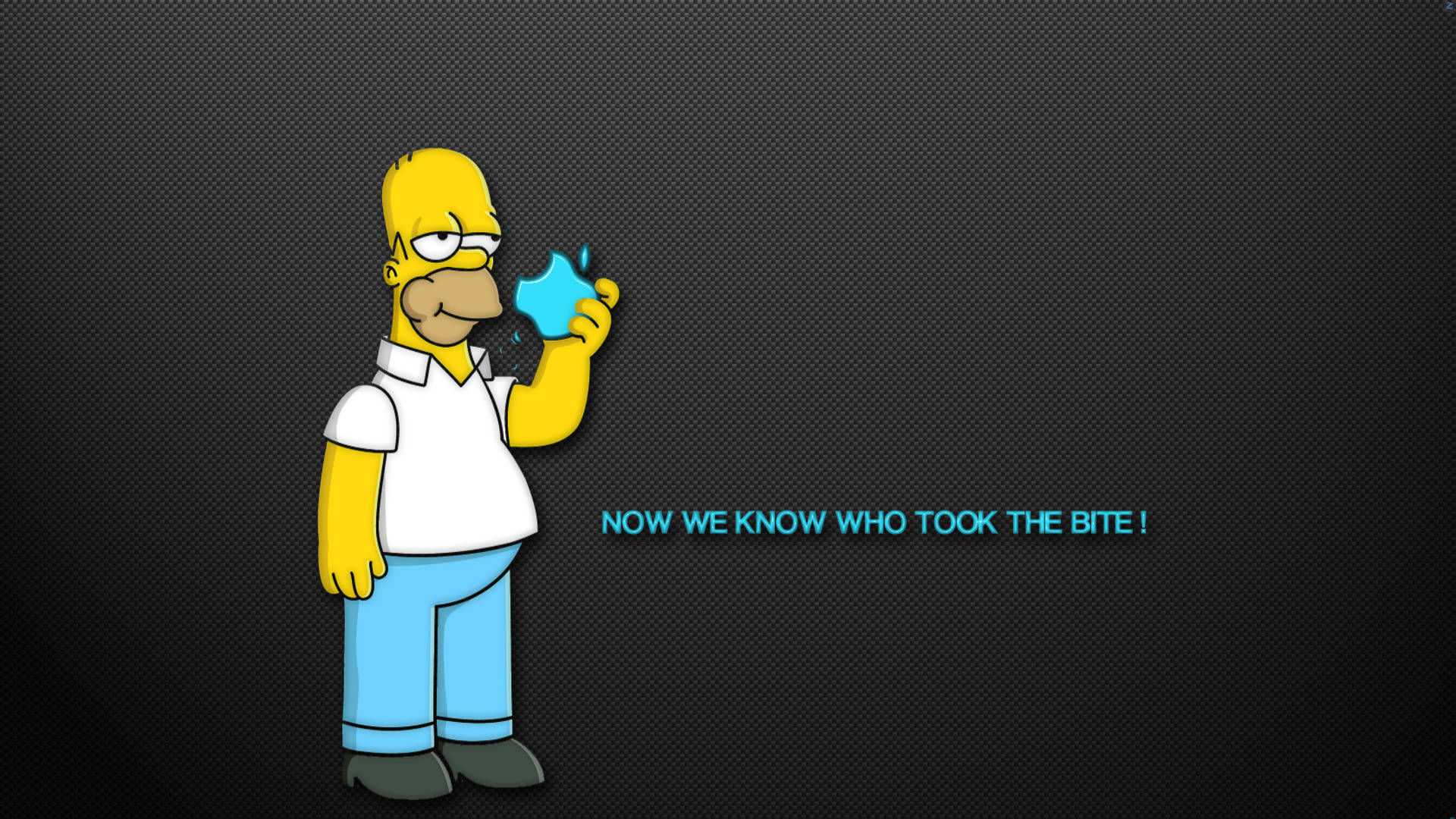 homer 桌布 壁紙 — 荷馬·辛普森拿著一個被咬過的蘋果，背景是深色紋理，文字寫著「現在我們知道誰咬了那一口」。