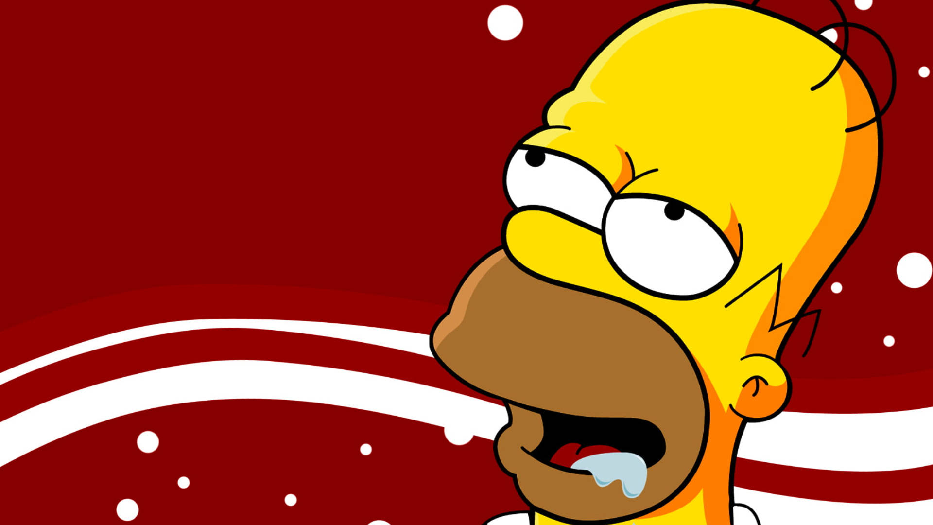 homer 桌布 壁紙 — 荷馬·辛普森流口水的表情，背景為紅色，帶有白色雪花和彎曲條紋。