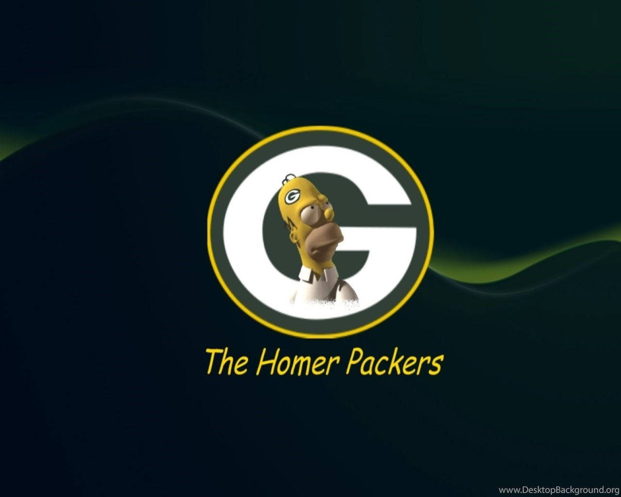 Packers 桌布 壁紙 — 荷馬·辛普森的頭像取代了綠灣包裝工隊的標誌，背景為深綠色漸變，帶有發光的黃色曲線。