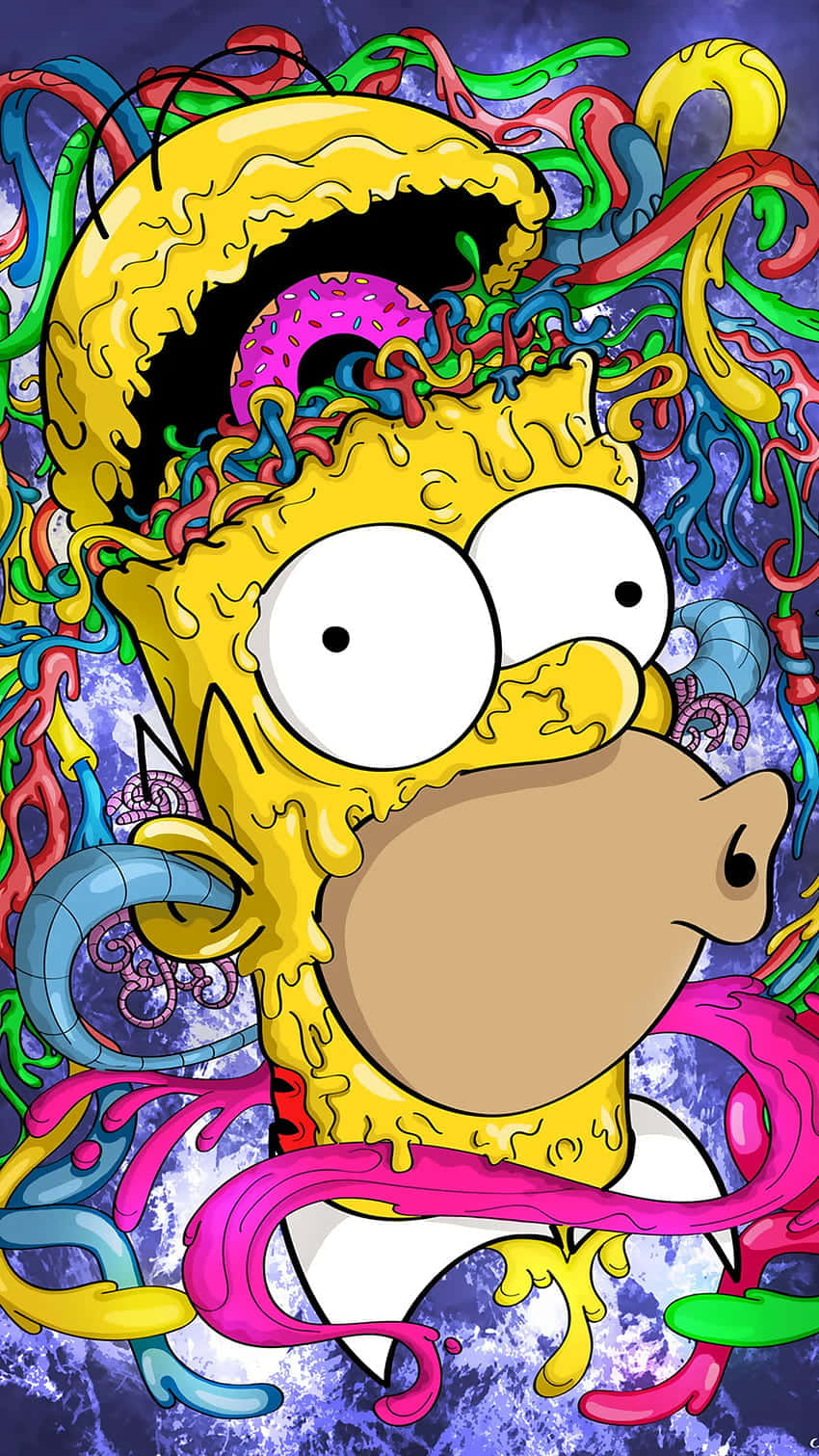 Bart Simpson Weed 桌布 壁紙 — 荷馬·辛普森的頭部充滿了色彩繽紛、滴落的糖果和糖霜，背景是宇宙漩渦。