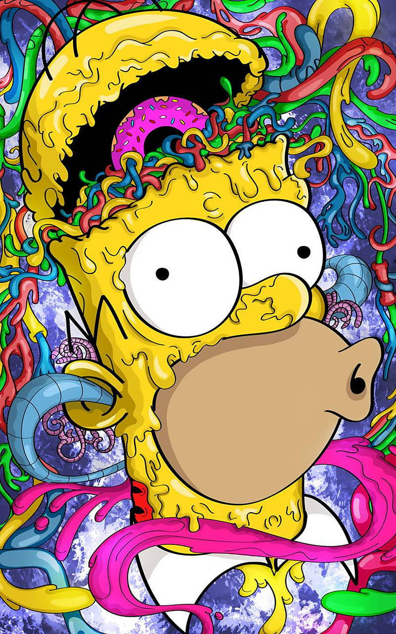 Homer Simpson 桌布 壁紙 — 荷馬·辛普森的頭部被一個混亂的漩渦吞沒，漩渦中有色彩繽紛、正在融化的糖果和糖漿流，背景是宇宙。