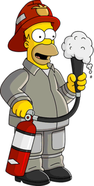 Homer Simpson 桌布 壁紙 — 荷馬·辛普森穿著消防員裝備，手持滅火器，噴嘴冒出濃煙。