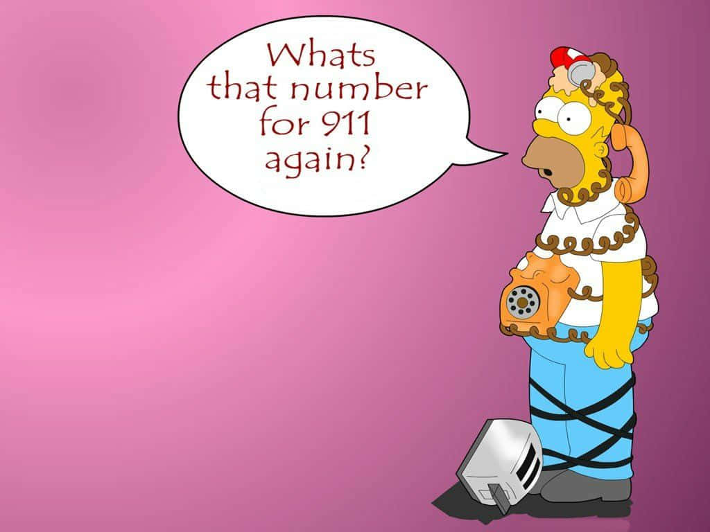 Simpsons Aesthetic 桌布 壁紙 — 荷馬·辛普森纏在電線中，拿著轉盤電話，在粉紅色背景前問『911的號碼是什麼來著？』