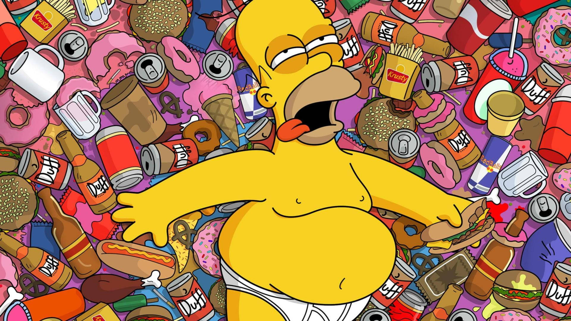 homer 桌布 壁紙 — 荷馬·辛普森被一堆混亂的快餐和汽水罐包圍，以充滿活力的卡通風格呈現。