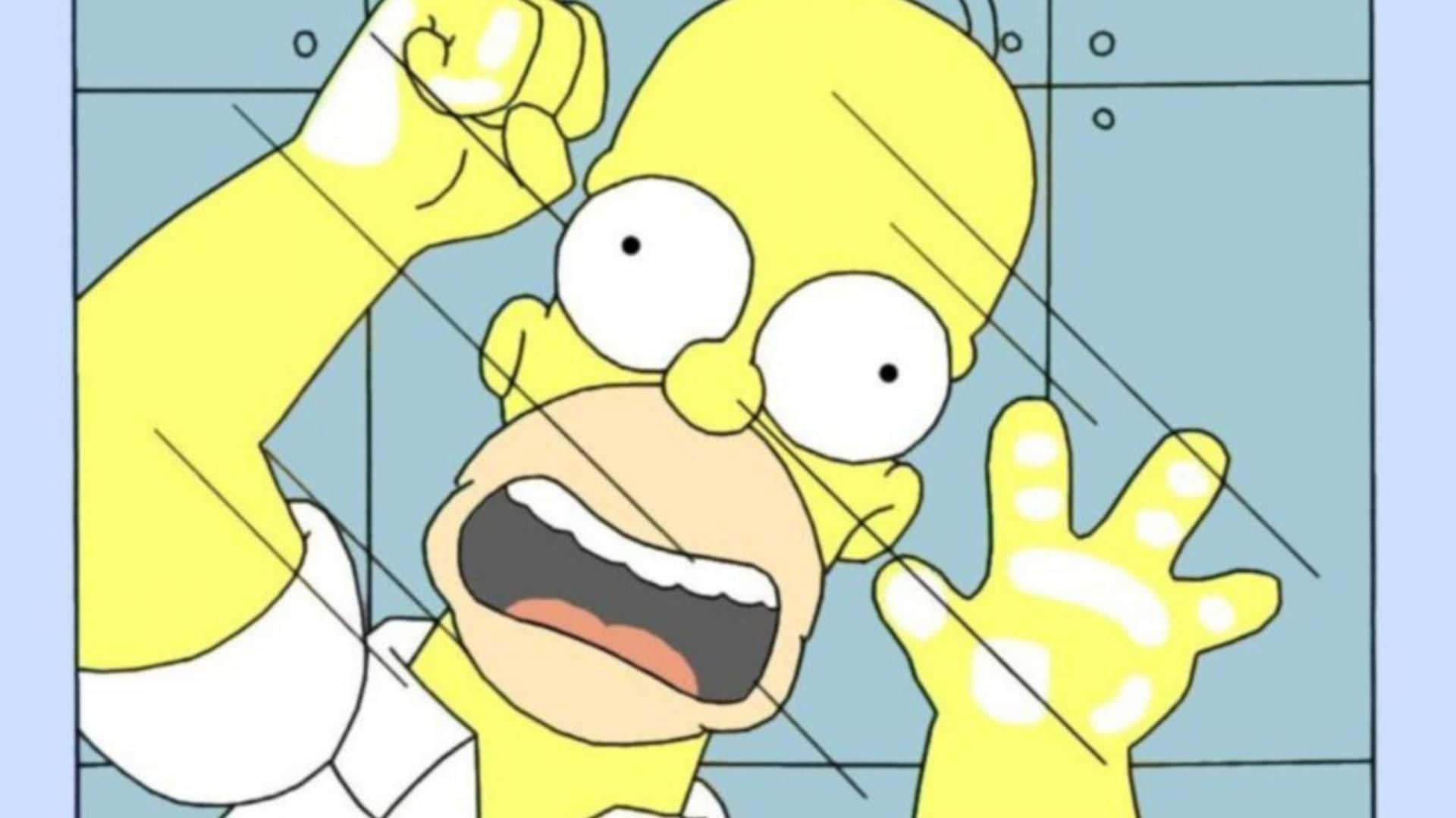 Funny Simpsons 桌布 壁紙 — 荷馬·辛普森被困在玻璃淋浴門後面，水痕斑斑，沮喪地尖叫。