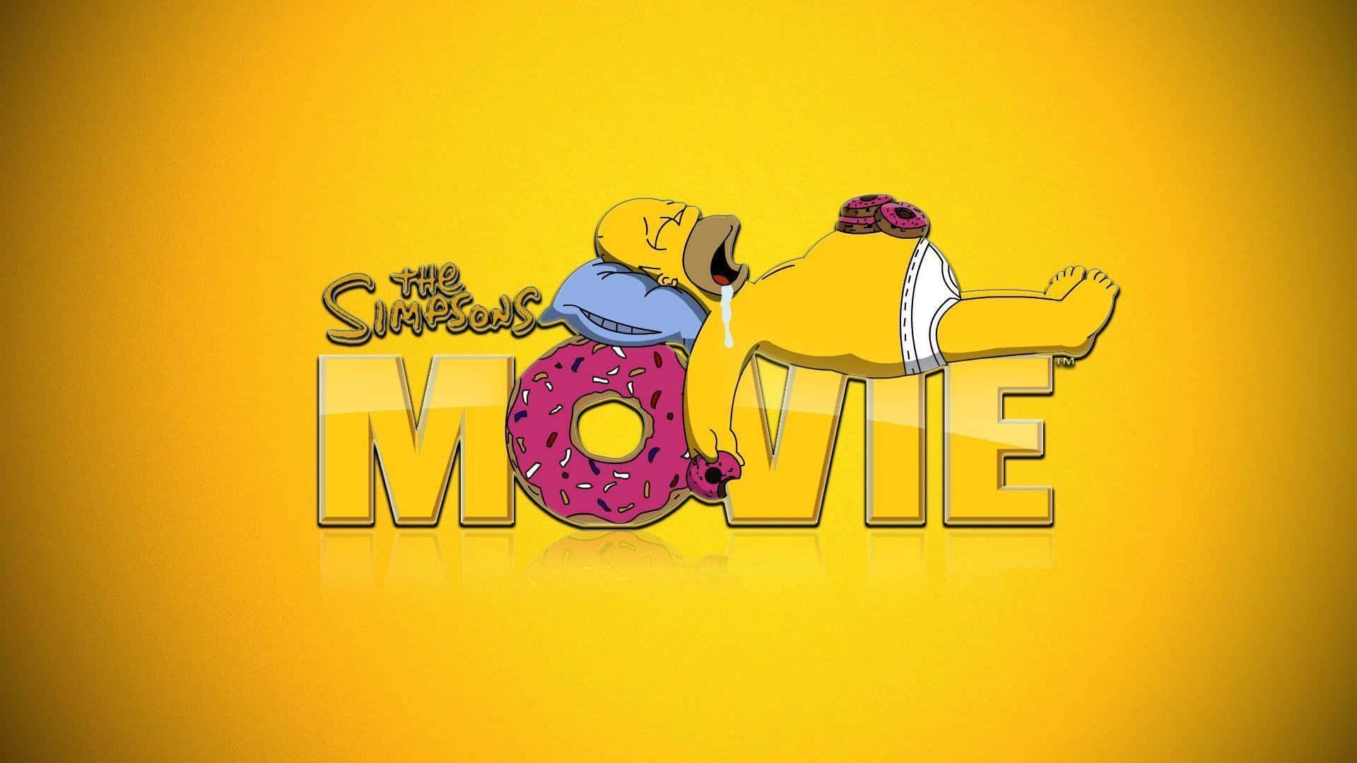 Funny Simpsons 桌布 壁紙 — 荷馬·辛普森躺在一個巨大的粉紅色糖霜甜甜圈上，撒有彩色糖粒，在亮黃色背景前打哈欠。