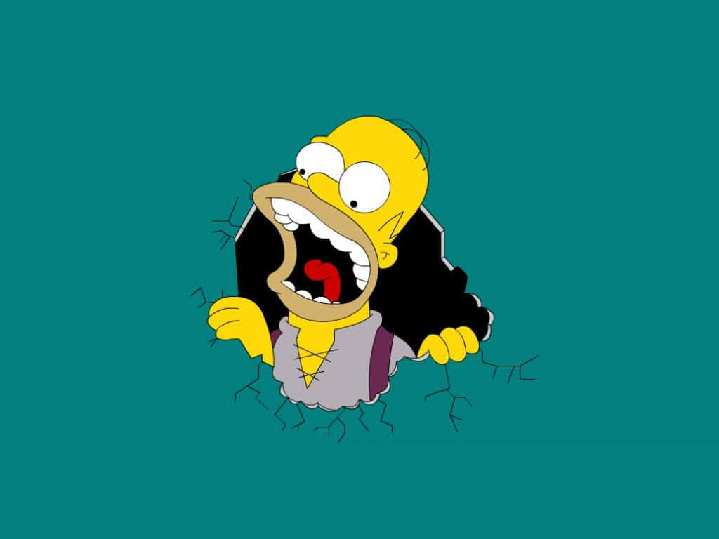 Simpsons Aesthetic 桌布 壁紙 — 荷馬·辛普森驚恐尖叫、睜大雙眼，衝破一道青綠色牆壁。