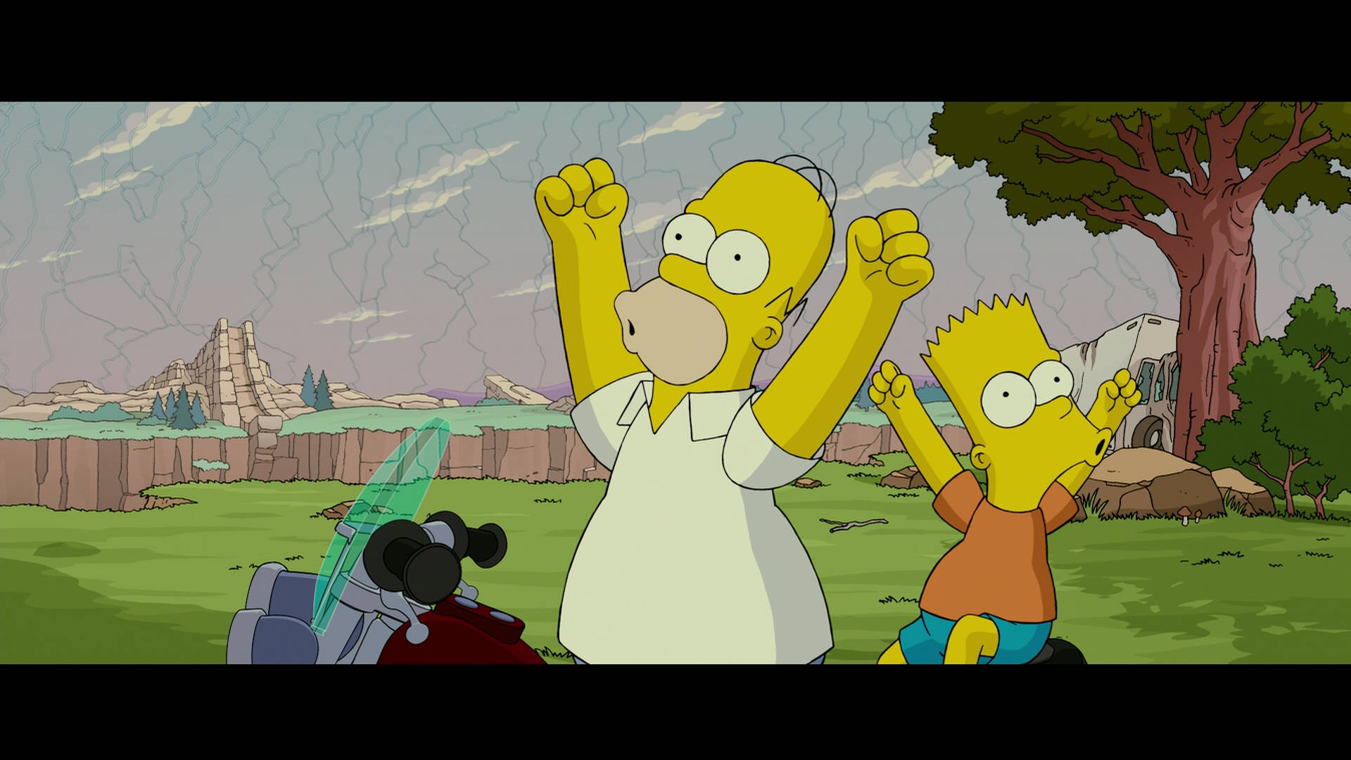Simpsons Aesthetic 桌布 壁紙 — 荷馬和巴特·辛普森在卡通風景中勝利地舉起拳頭，背景有樹木和遠處岩石山丘，天空多雲。