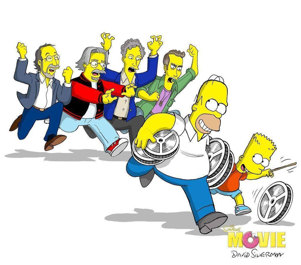 Homer Simpson 桌布 壁紙 — 荷馬和巴特·辛普森拿著膠卷奔跑，四個男人追趕他們，形成卡通式的追逐場景。
