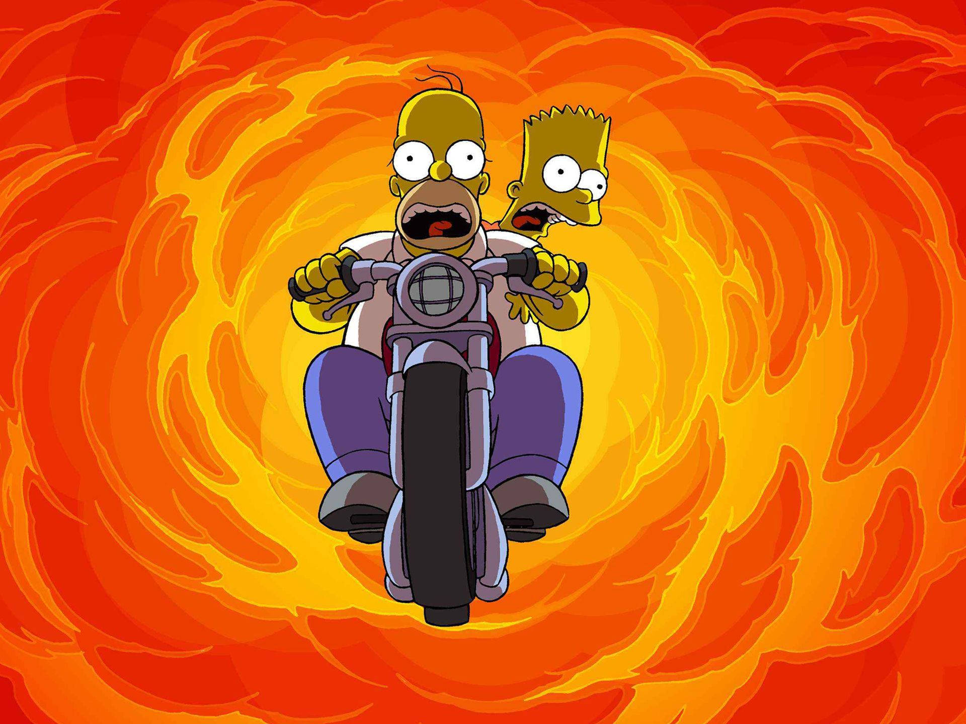 homer 桌布 壁紙 — 荷馬和巴特騎著摩托車穿過熾熱橙色和紅色火焰的漩渦。