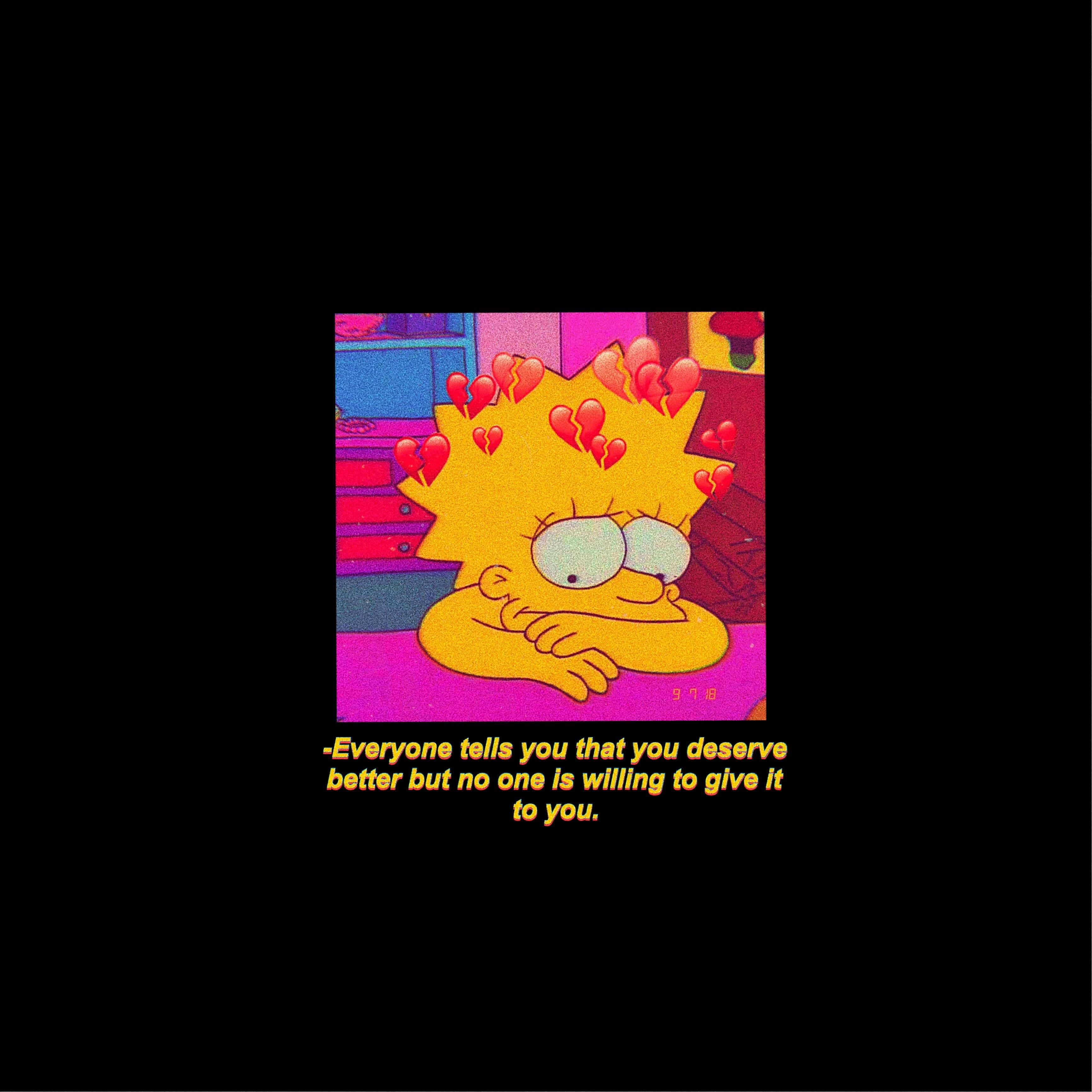 Sad Edits 桌布 壁紙 — 莉莎·辛普森，尖刺頭髮中飄出破碎的心，背景是鮮豔的卡通風格。