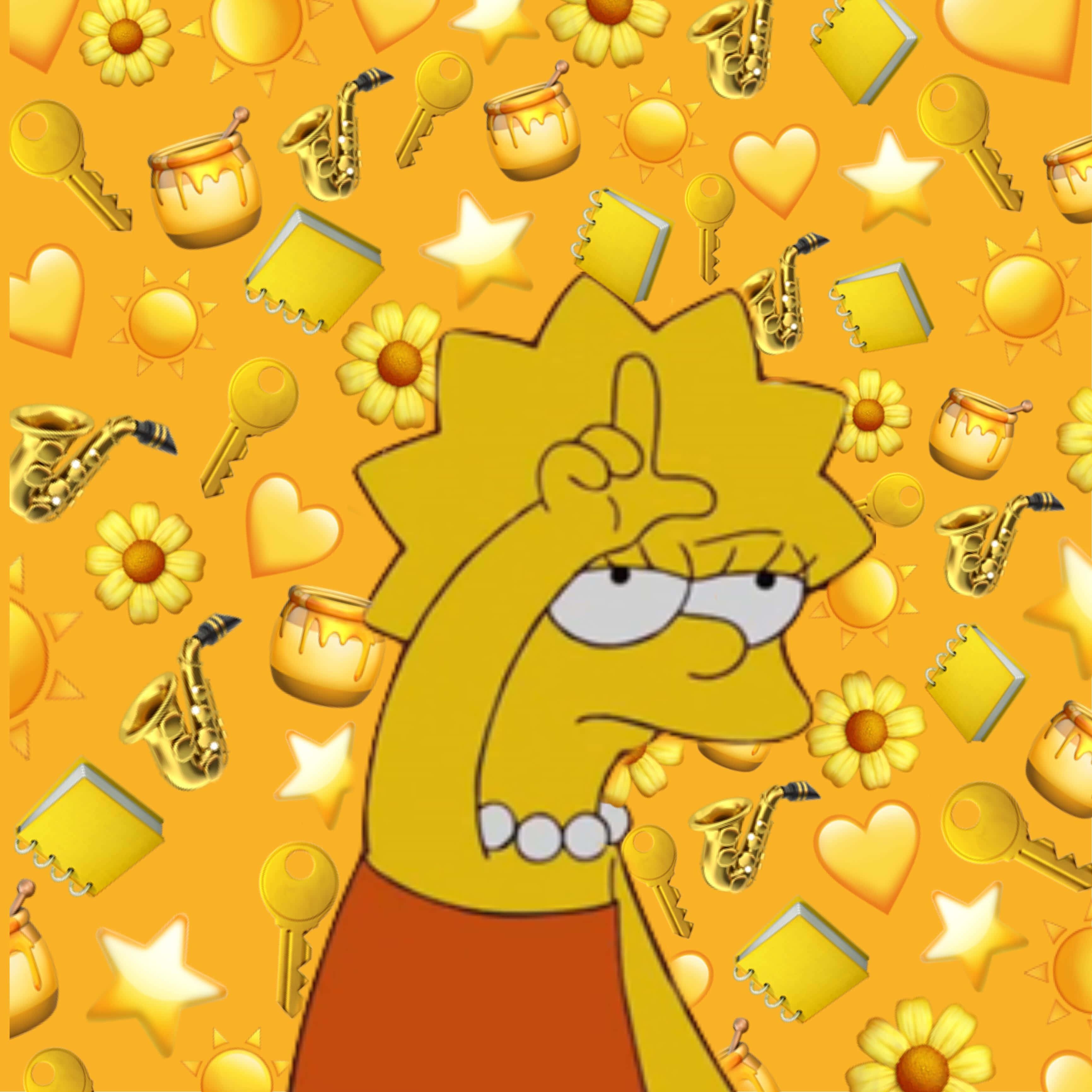 Simpsons Aesthetic 桌布 壁紙 — 莉莎·辛普森在充滿重複表情符號的鮮黃色背景上做出挑釁的手指手勢。