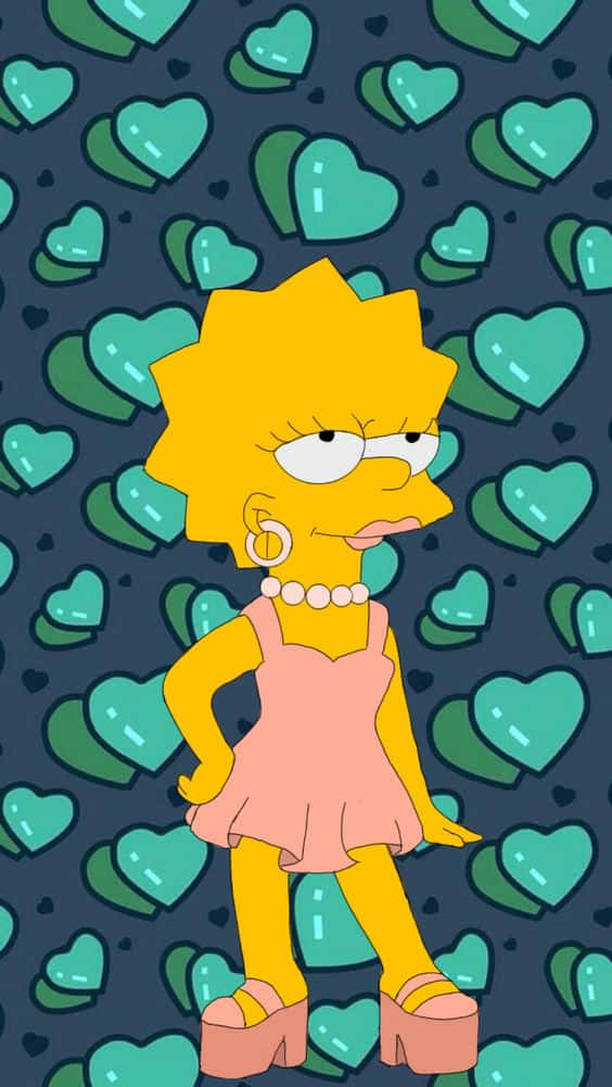 Simpsons Aesthetic 桌布 壁紙 — 莉莎·辛普森自信地穿著粉紅色連衣裙，站在藍綠色心形圖案背景前。