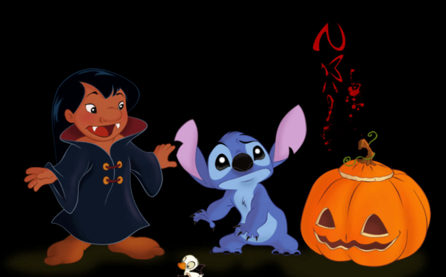 Stitch Halloween 桌布 壁紙 — 莉蘿與史迪奇打扮成吸血鬼和怪物，在黑暗背景前與發光的南瓜燈一起擺姿勢。
