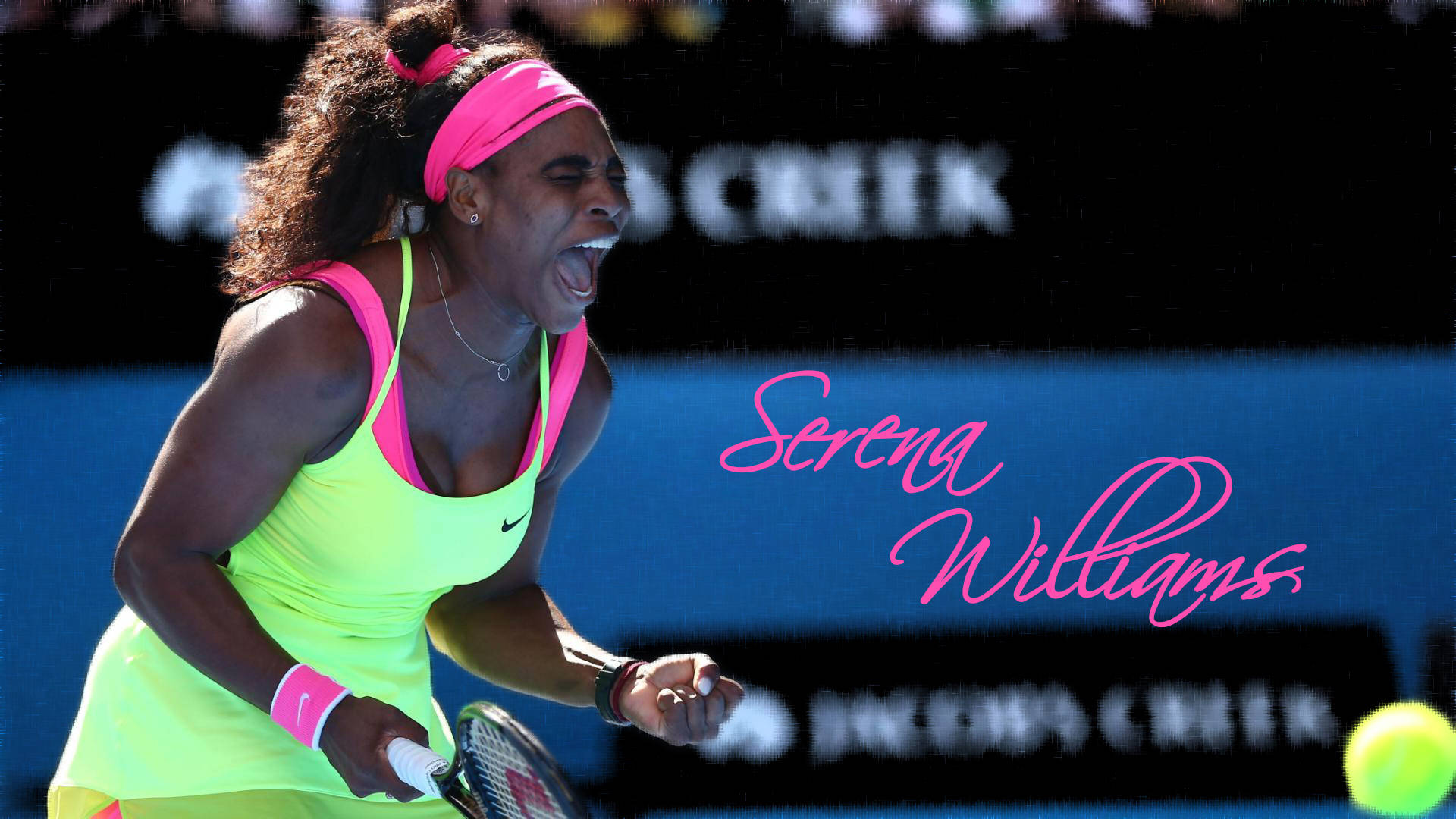 Serena 桌布 壁紙 — 莎蓮娜威廉絲在明亮的日光下，於一場充滿活力的霓虹網球比賽中揮拍時發出強烈的吼叫。