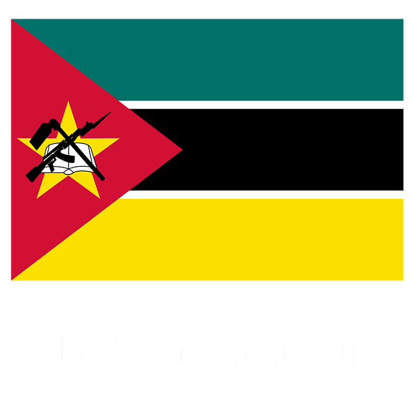 Mozambique 桌布 壁紙 — 莫三比克國旗以綠色、黑色和黃色橫條為背景，中央有一個紅色等腰三角形，內有黃色星星和交叉的步槍、書本和砍刀。