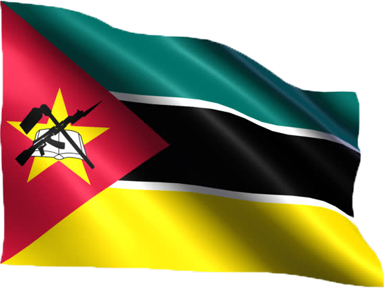Mozambique 桌布 壁紙 — 莫三比克國旗動態飄揚，帶有綠色、黑色和黃色條紋，以及一個帶有黃色星星和交叉工具的紅色三角形。