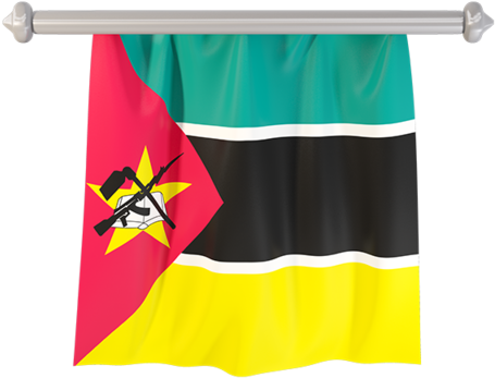 Mozambique 桌布 壁紙 — 莫三比克國旗在純黑色背景上優雅地從銀色窗簾桿上飄揚。