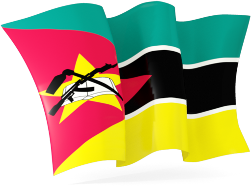 Mozambique 桌布 壁紙 — 莫三比克國旗在透明背景上動態飄揚，展示其鮮豔的綠色、紅色、黃色、黑色和白色，中央帶有徽章。