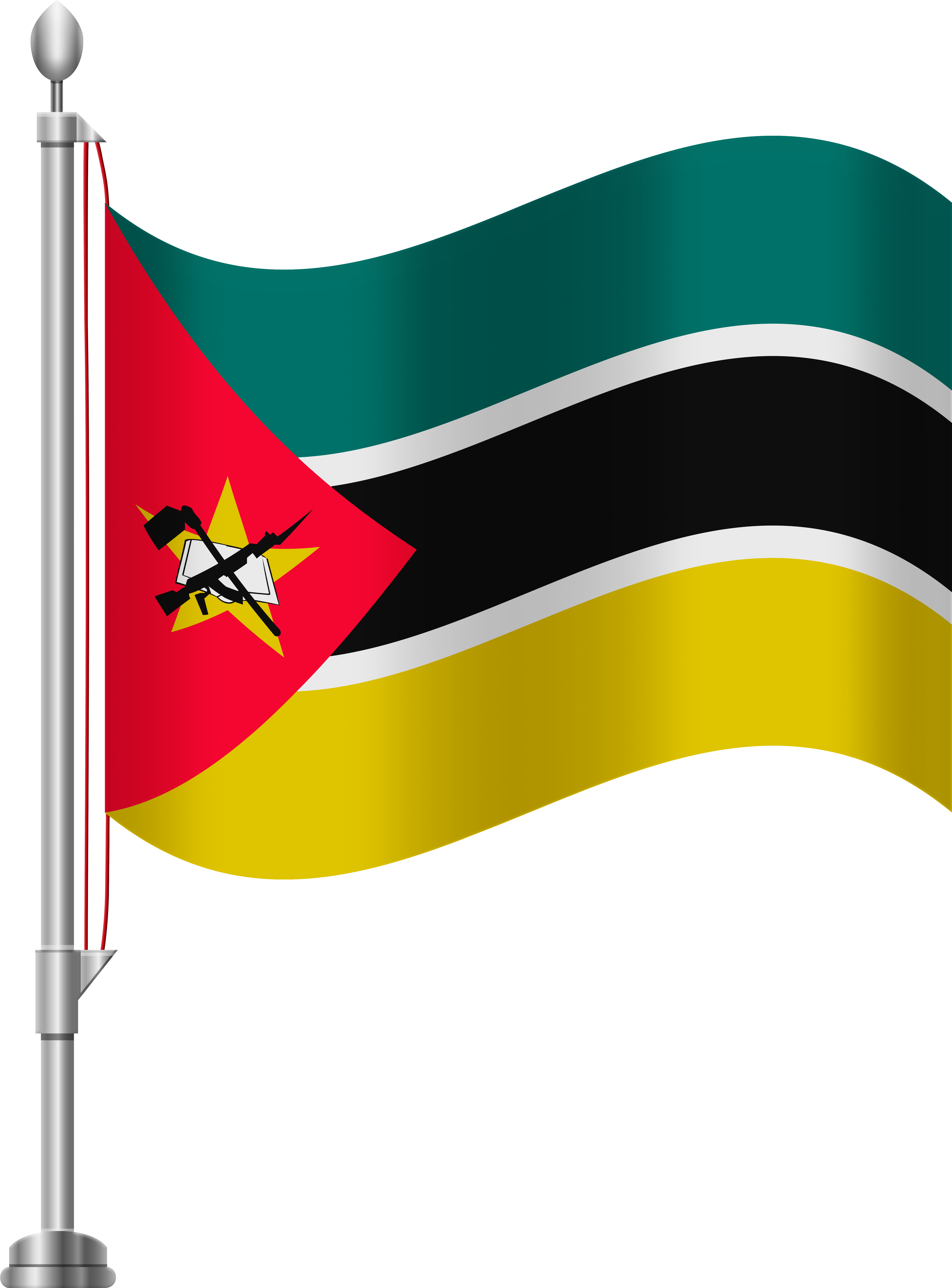 Mozambique 桌布 壁紙 — 莫三比克國旗在黑色背景上動態飄揚，展示其紅色三角形、黃色星星以及綠色、黃色、黑色條紋。