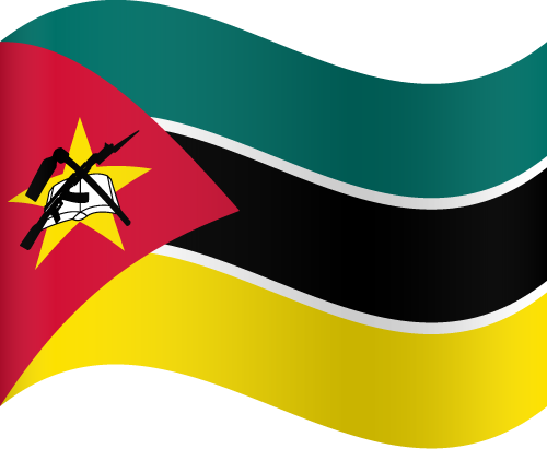 Mozambique 桌布 壁紙 — 莫三比克國旗在黑色背景上動態飄揚，展示其紅、黃、綠條紋和中央徽章。