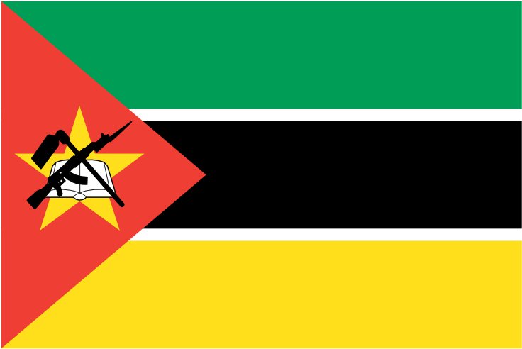 Mozambique 桌布 壁紙 — 莫三比克國旗的特色是綠色、黑色和黃色的水平條紋，以及一個帶有黃色星星和交叉步槍、書本和砍刀的紅色等腰三角形。