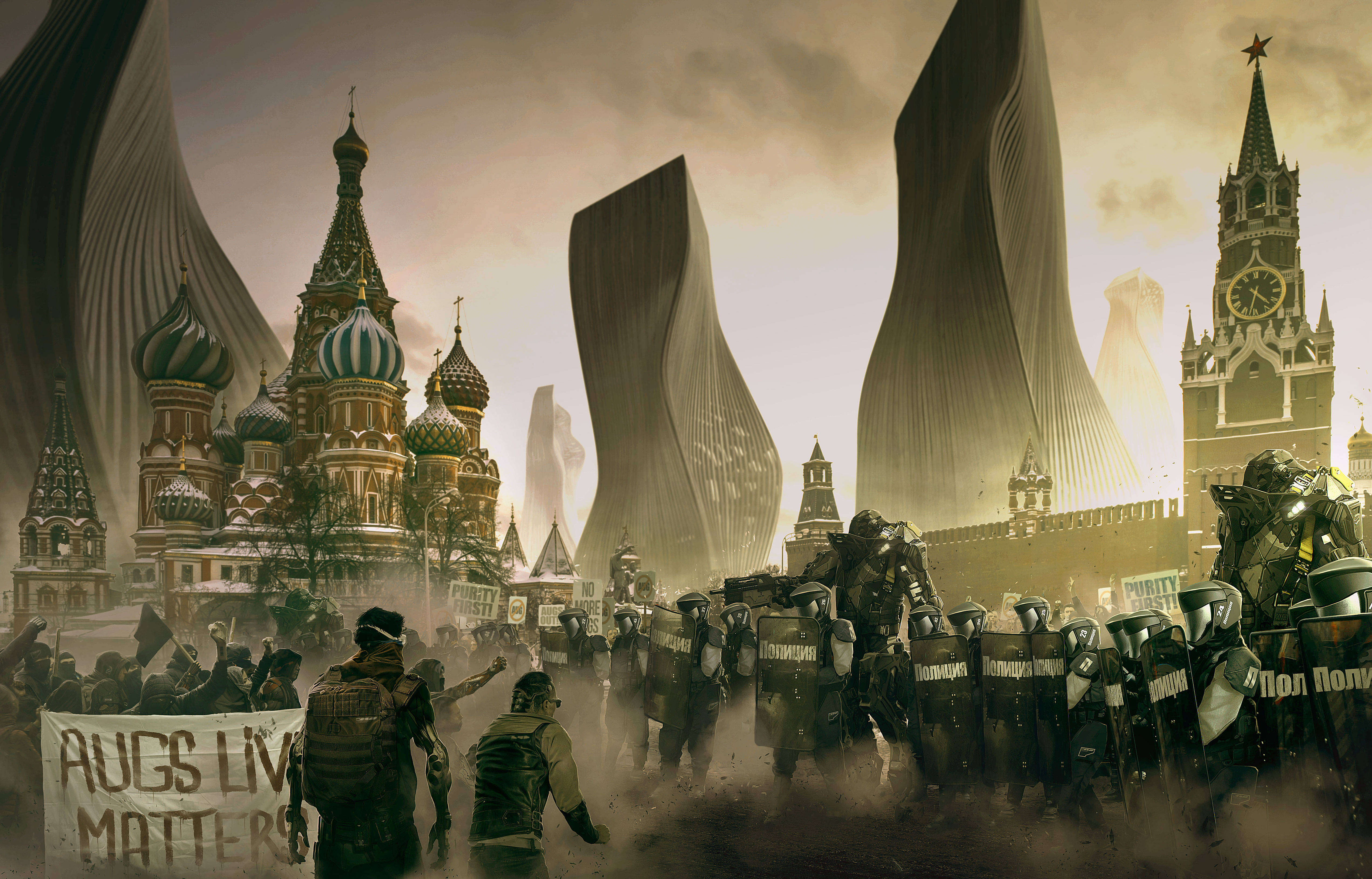 Divided 桌布 壁紙 — 莫斯科歷史地標與未來主義建築在朦朧金色天空下的反烏托邦融合，抗議者面對裝甲警察。