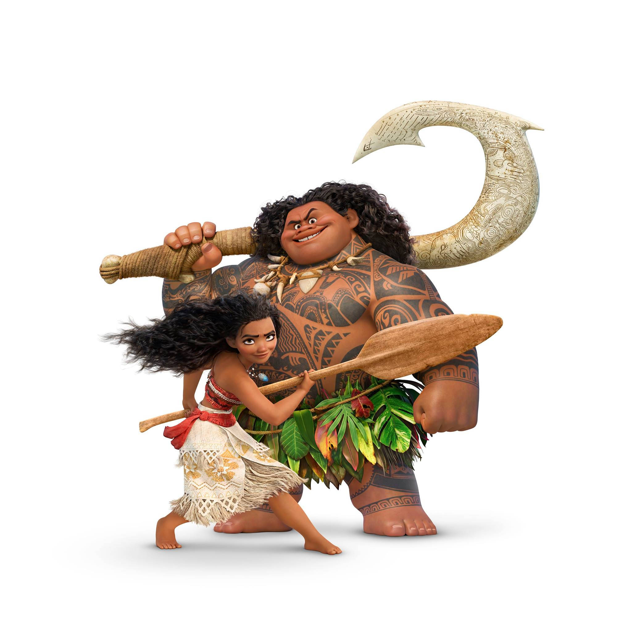 Maui 桌布 壁紙 — 莫阿娜和毛伊以動態姿勢站在一起，毛伊揮舞著他的巨大魚鉤，莫阿娜拿著槳。