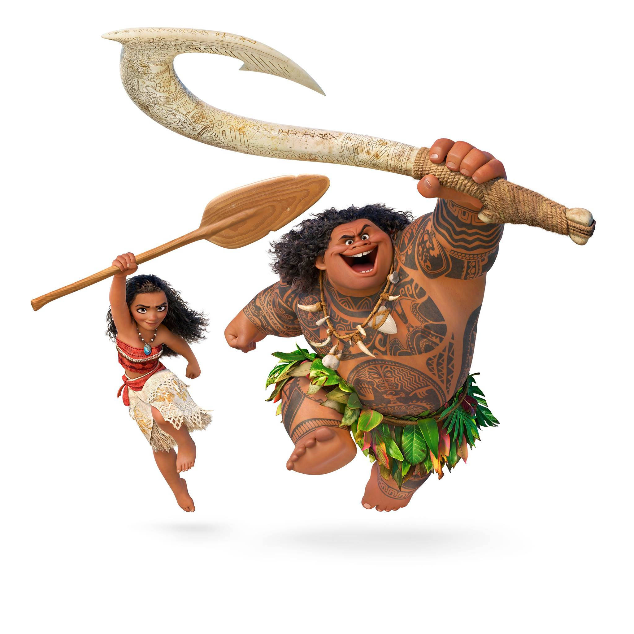 Maui 桌布 壁紙 — 莫阿娜和毛伊在純白背景前歡快地跳躍在空中，揮舞著他們的標誌性工具。