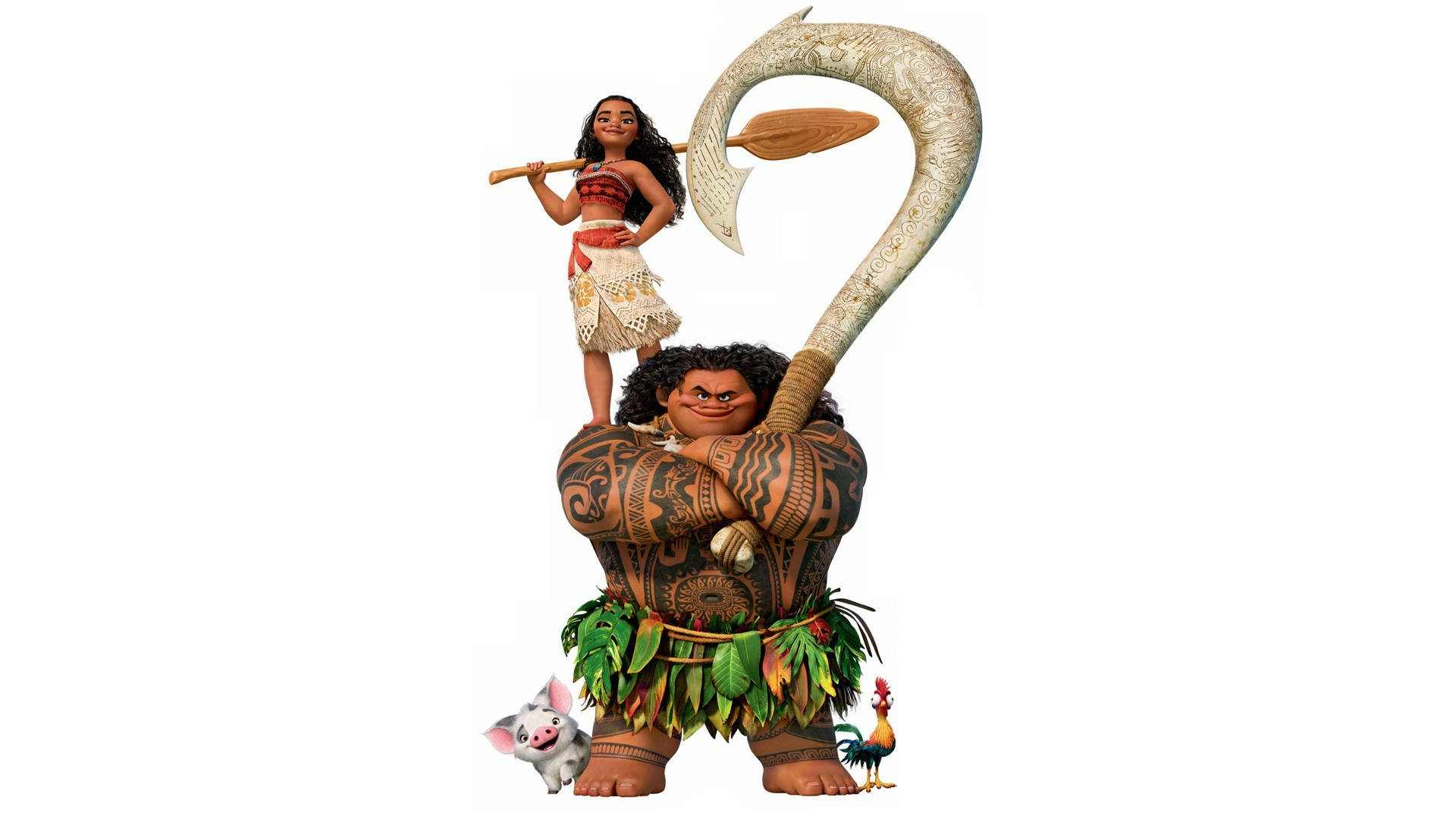 Maui Moana 桌布 壁紙 — 莫阿娜自信地站在毛伊的肌肉發達的肩膀上，握著她的槳，而他巨大的魚鉤在他們上方彎曲，普亞和黑黑在附近。