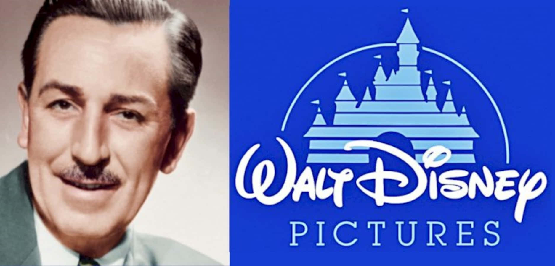 walt disney 桌布 壁紙 — 華特·迪士尼在其標誌性藍色城堡標誌和白色草書文字旁微笑。