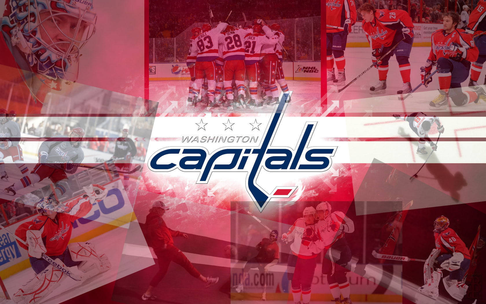 Washington Capitals 桌布 壁紙 — 華盛頓首都隊冰球球員動態拼貼，紅色覆蓋層下置中隊徽。
