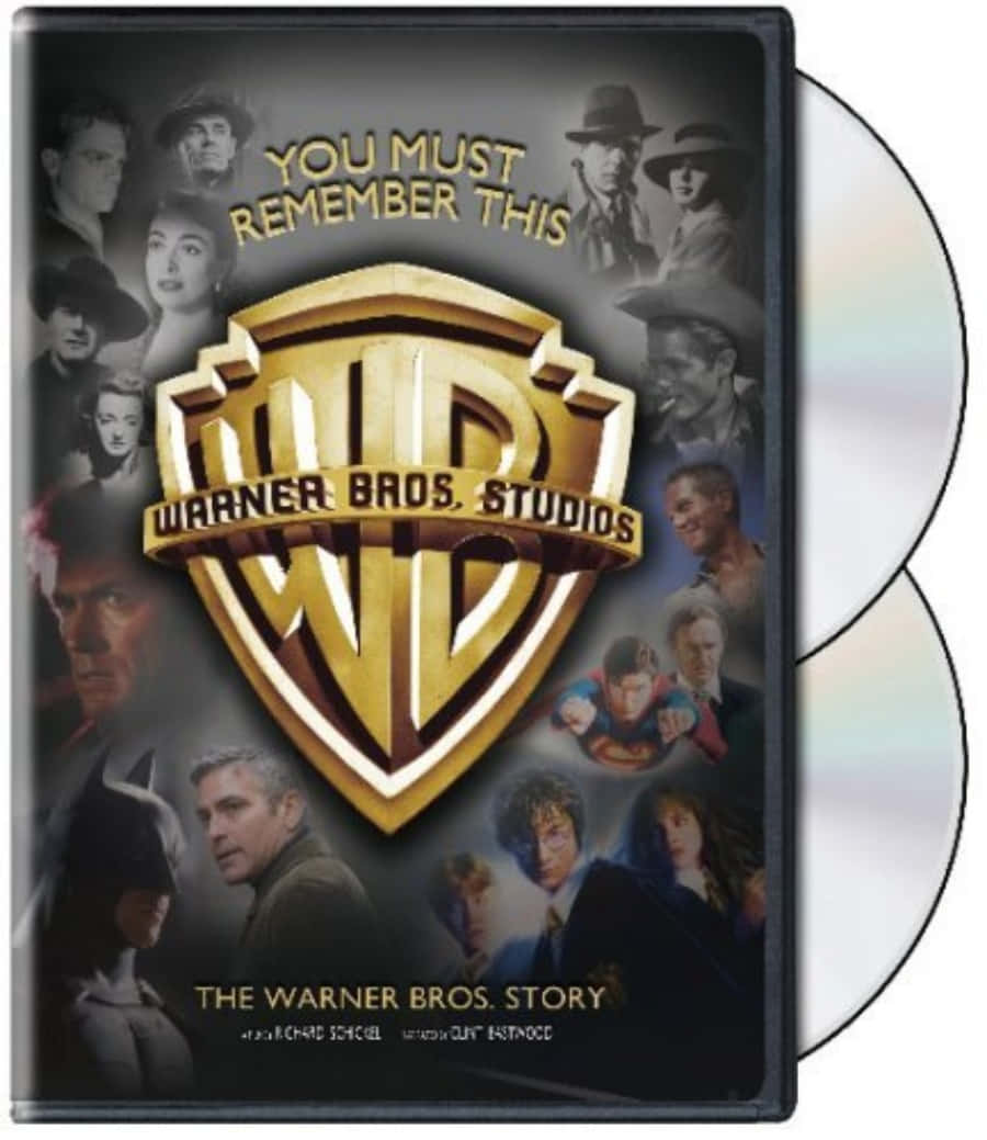 Warner Bros 桌布 壁紙 — 華納兄弟工作室標誌在DVD封面上金光閃閃，被標誌性演員和超級英雄包圍。