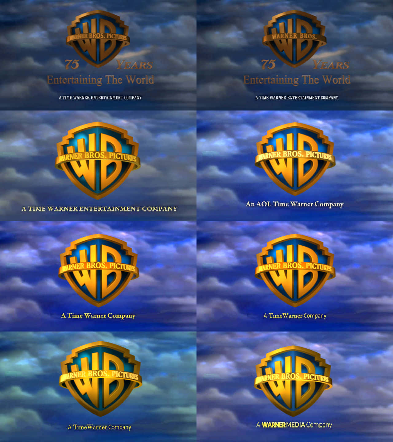 Warner Bros 桌布 壁紙 — 華納兄弟標誌變體，以動態暴風雨天空為背景，配有金色盾牌和不斷變化的企業標語。