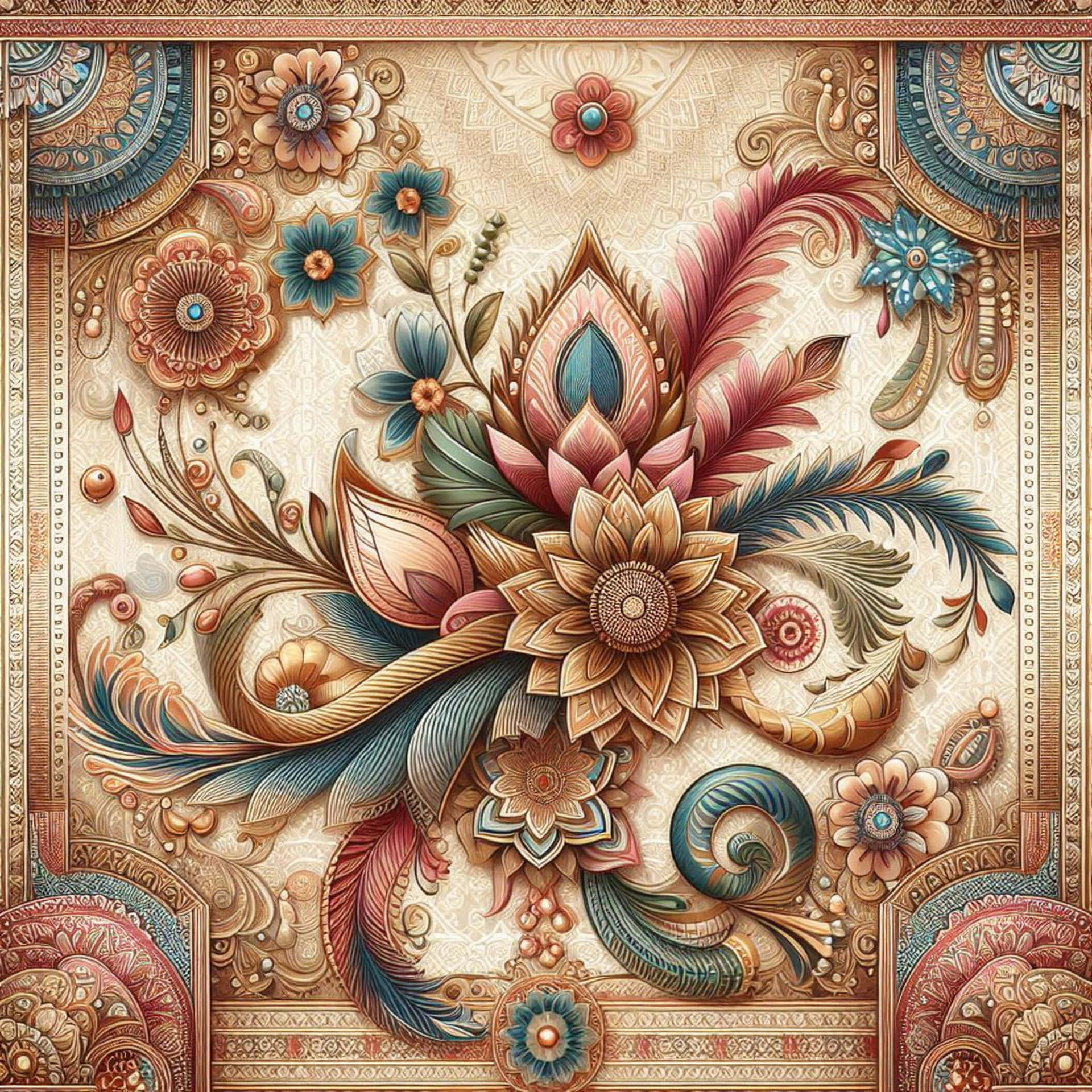 Indian Fabric Illustration 壁紙 — 華麗對稱的壁紙設計，以溫暖的大地色調和藍綠色在奶油色背景上呈現精緻的花卉和羽毛圖案。