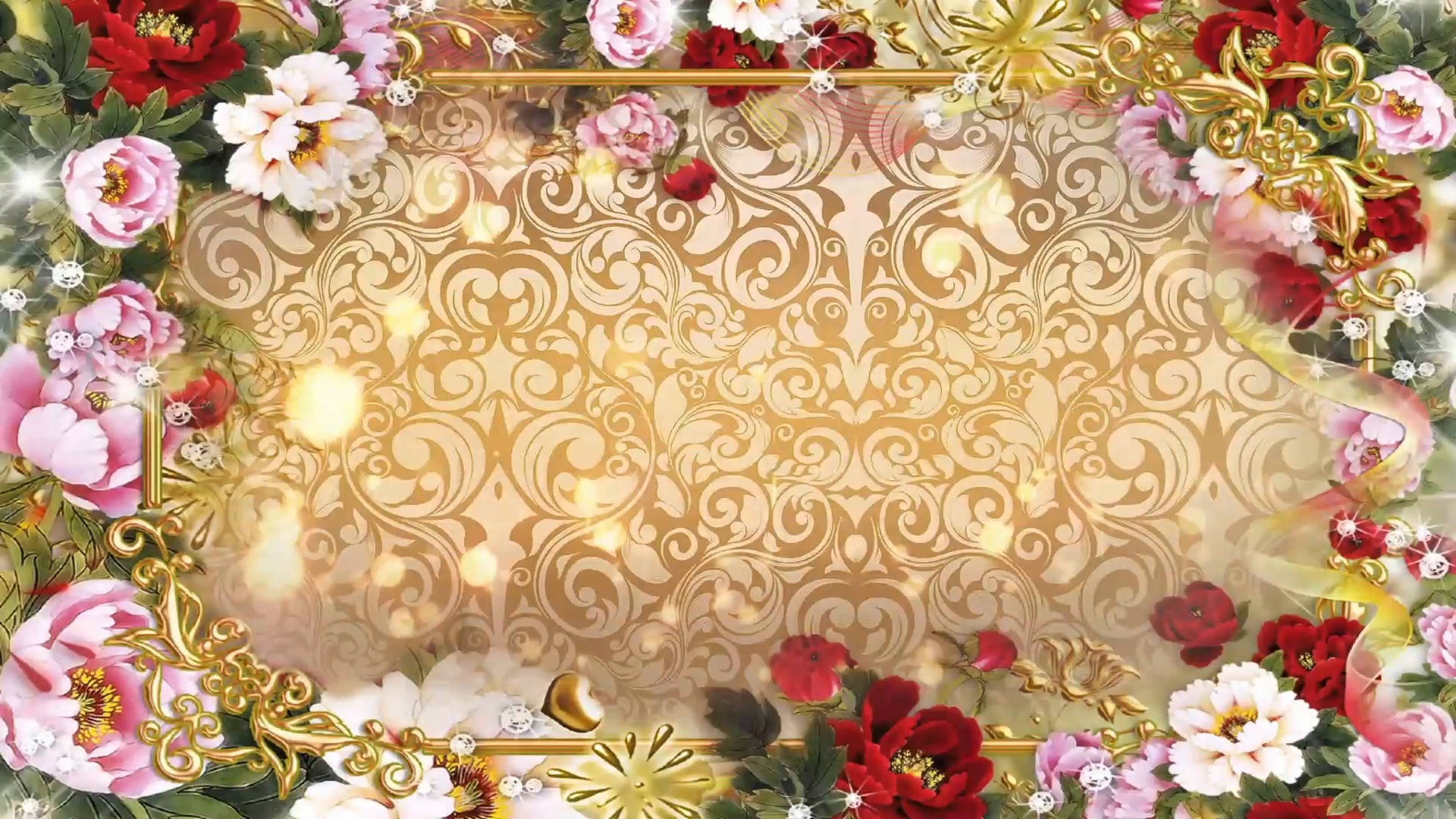 Wedding 桌布 壁紙 — 華麗的花卉邊框，以紅色、粉紅色和白色的牡丹環繞金色華麗的大馬士革圖案背景。
