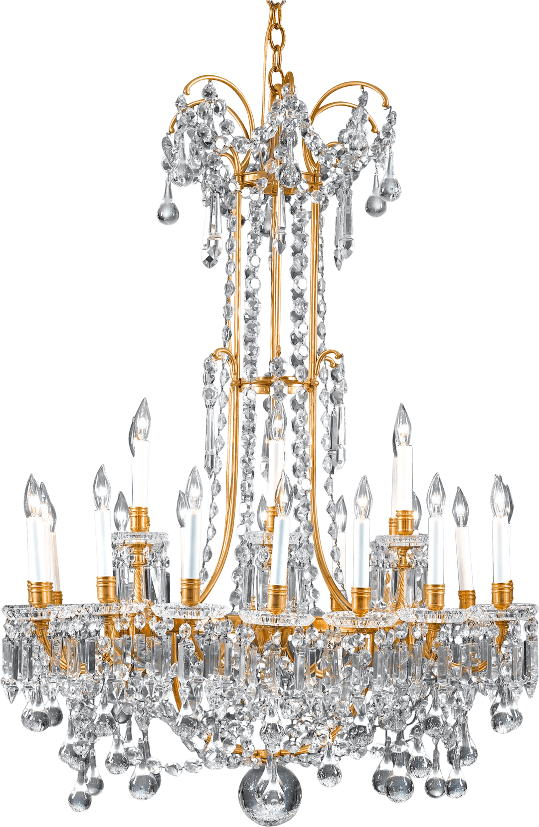 Chandelier 桌布 壁紙 — 華麗的金色和水晶吊燈，帶有層疊棱鏡和蠟燭式燈泡，在純黑色背景下閃耀。