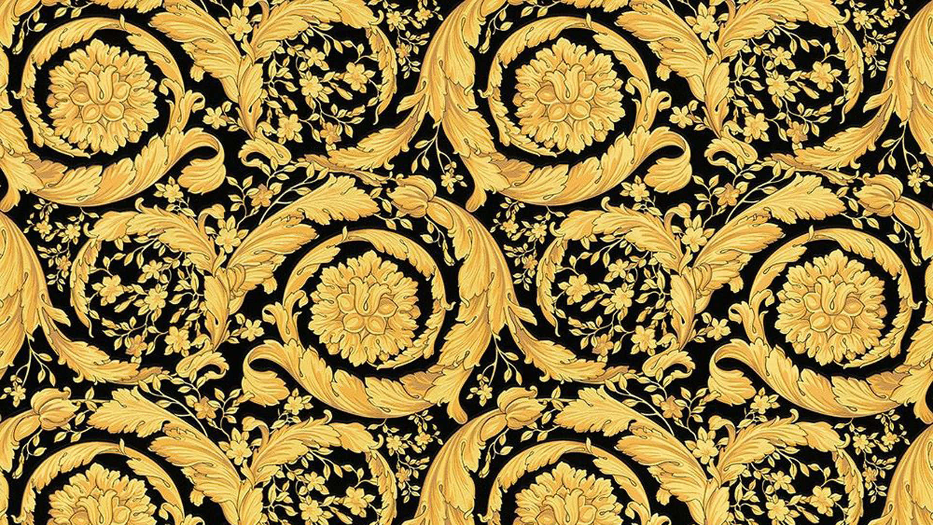 versace 桌布 壁紙 — 華麗的金色巴洛克花卉捲曲和玫瑰花結，在深黑色背景上形成複雜圖案。