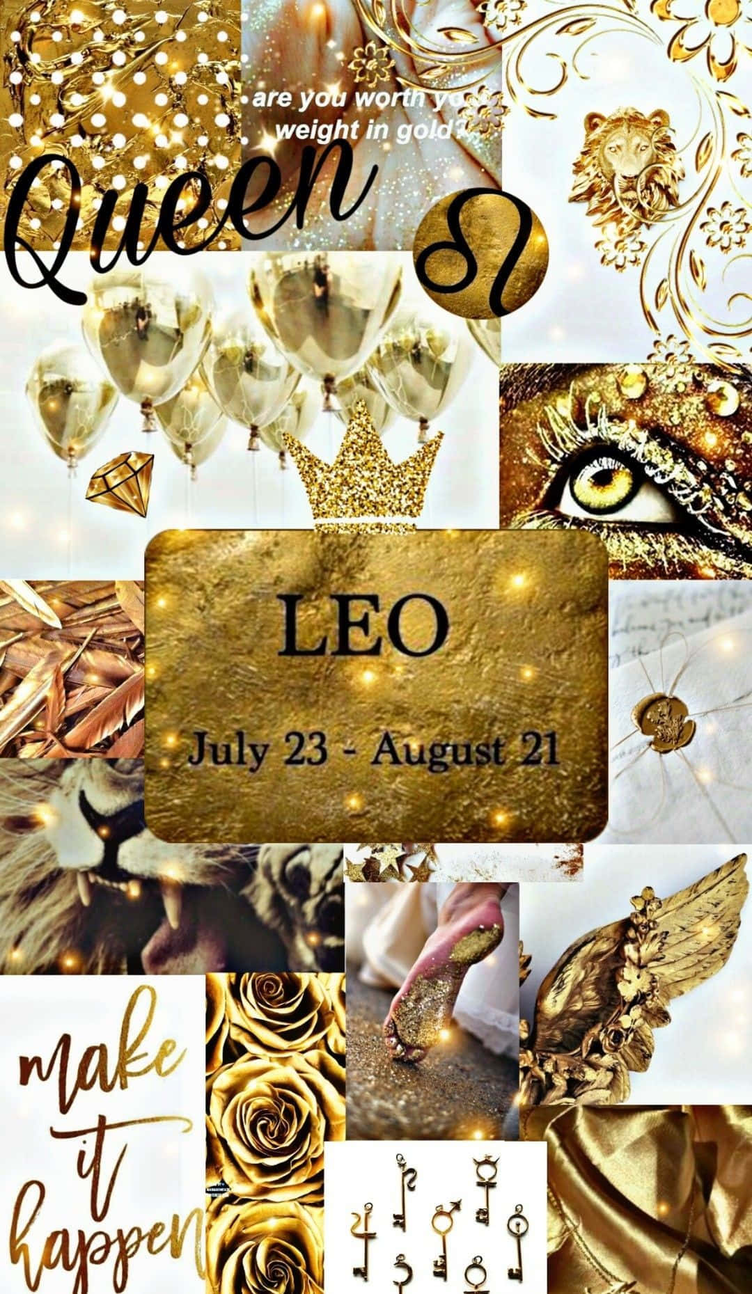 Leo 桌布 壁紙 — 華麗的金色星座拼貼，以皇冠、眼睛、玫瑰和勵志名言慶祝獅子座。