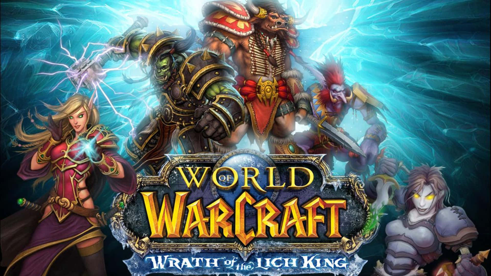 World Of Warcraft Races 桌布 壁紙 — 華麗盔甲的奇幻戰士在電藍色能量中交戰，並帶有《魔獸世界：巫妖王之怒》標誌。